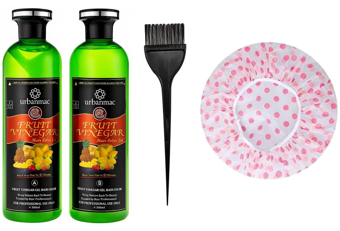 URBANMAC Fruit Vinegar Black Gel Color Professions Hair Colour, 500mlx2 with Shaver Cap, Hair Dye Brush Black