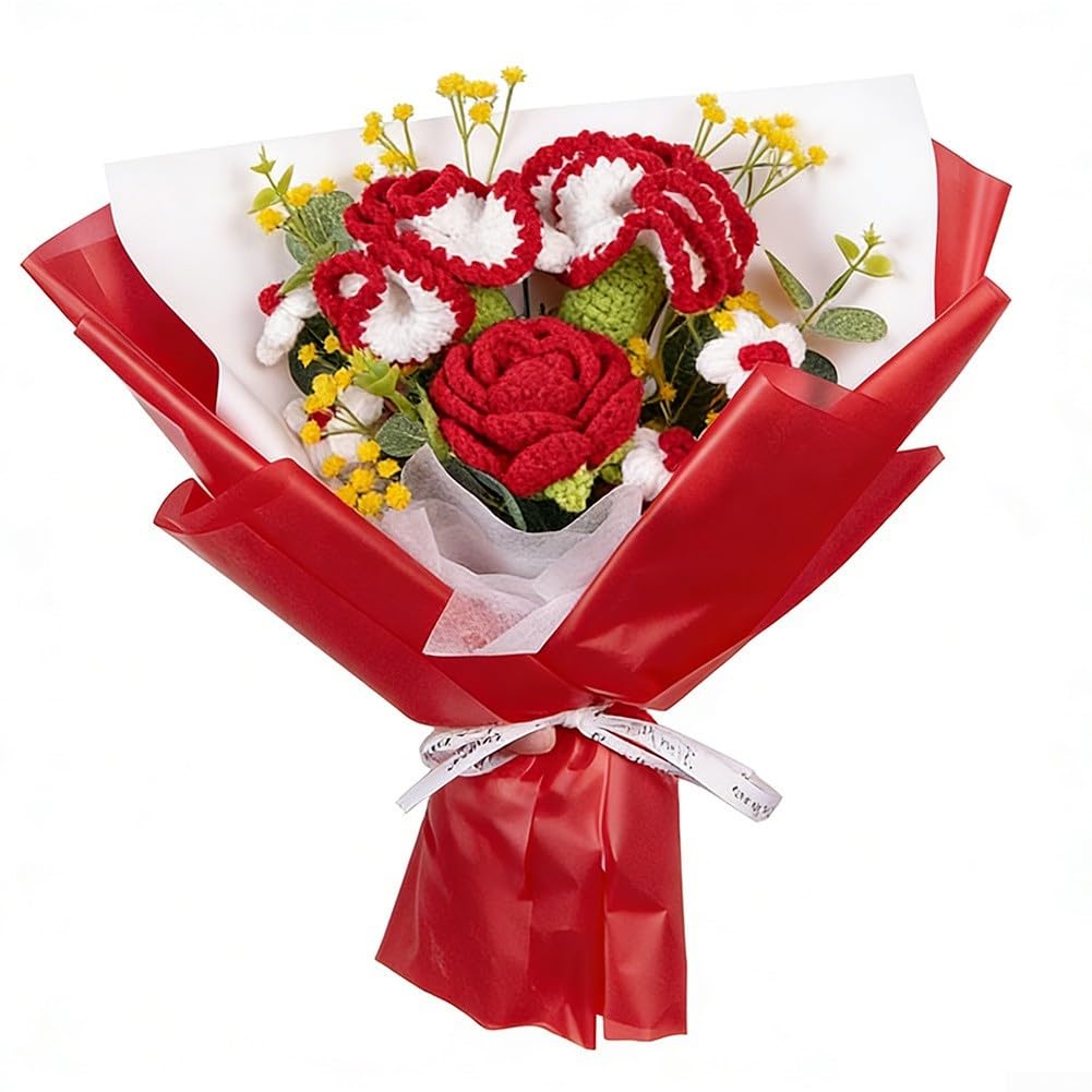 TVANTRUXIS Hand Woven Artificial Flowers, Hand Crocheted Knit Flower Bouquet Multicolor 30-35cm(Red)