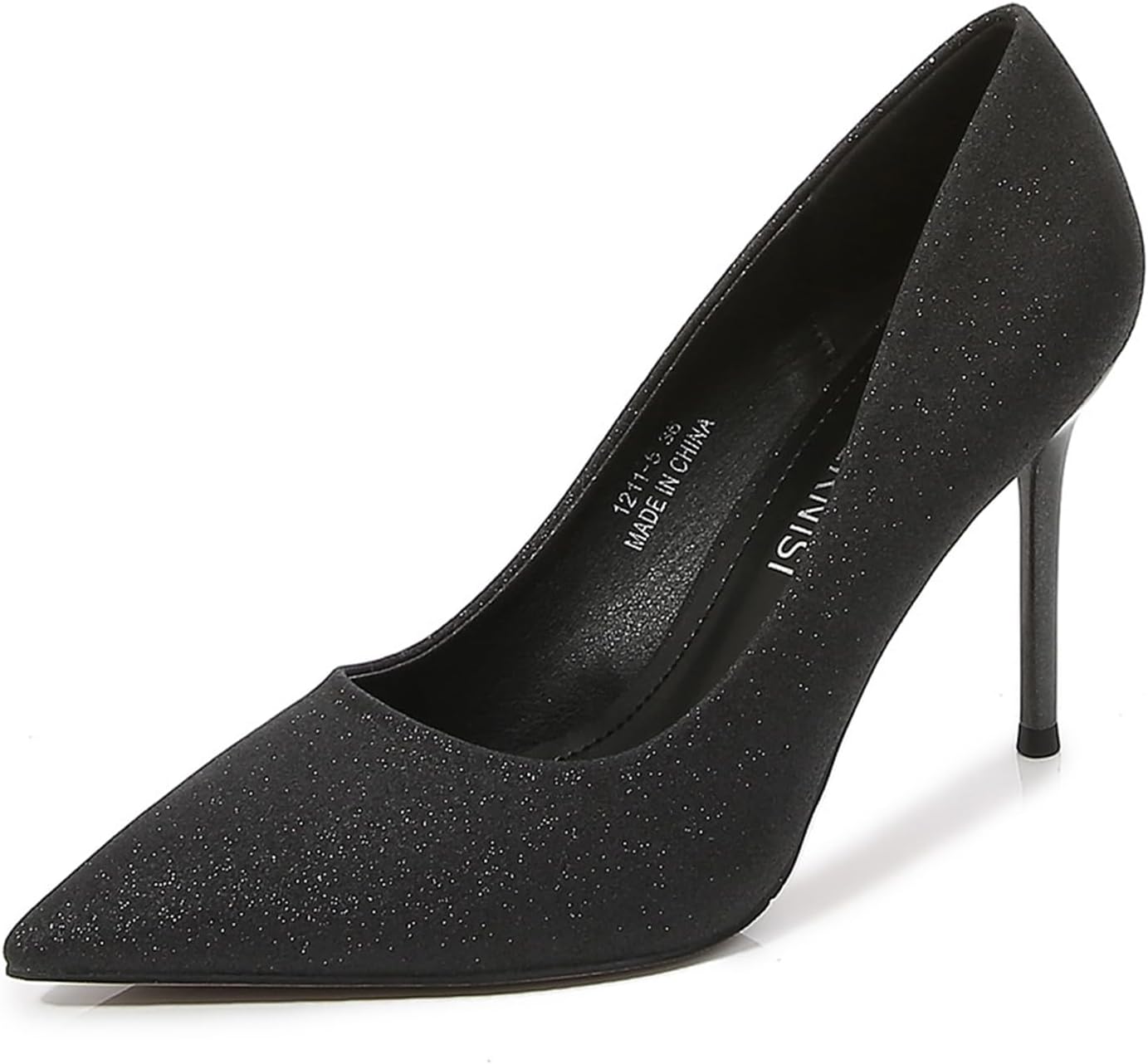 FamMe Womens glitter sequin High Stiletto Heels Closed Pointed Toe Dress Pumps Wedding Party Work Office Slip On Shoes 3.7 Inches,Black,39