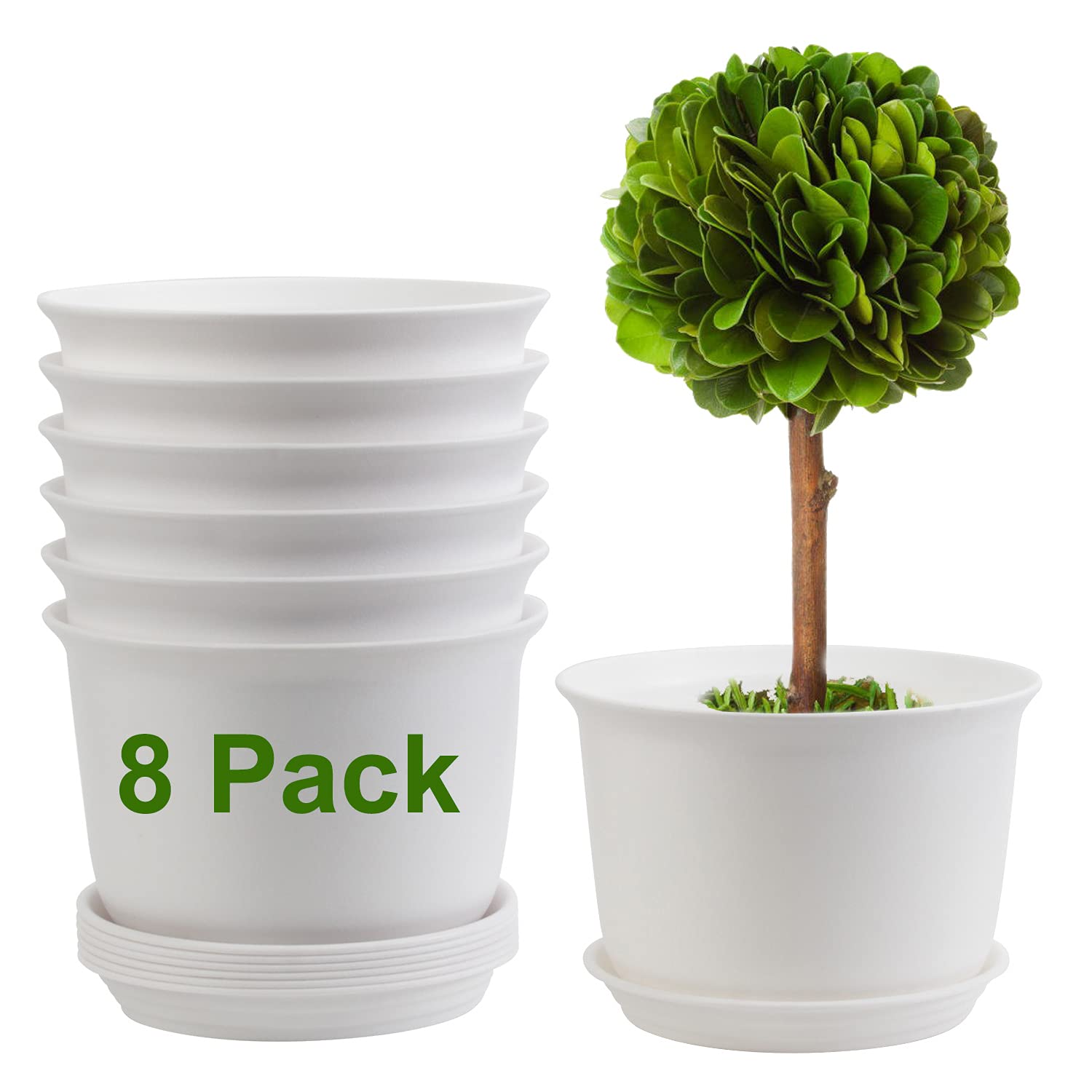 ZOUTOG Plant Pots, 8.2 Inch Flower Pots Outdoor, Plastic Pots for Plants with Drainage Hole and Tray, Pack of 8, Plants not Included