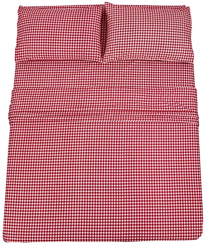 Royale Linens - 4 Piece Printed Queen Bed Sheet - Soft Brushed Microfiber 1800 Bedding Set - 1 Fitted Sheet 1 Flat Sheet 2 Pillow Case - Wrinkle & Fade Resistant Queen Size Sheet Set (Queen,Red Plaid) #TOP7