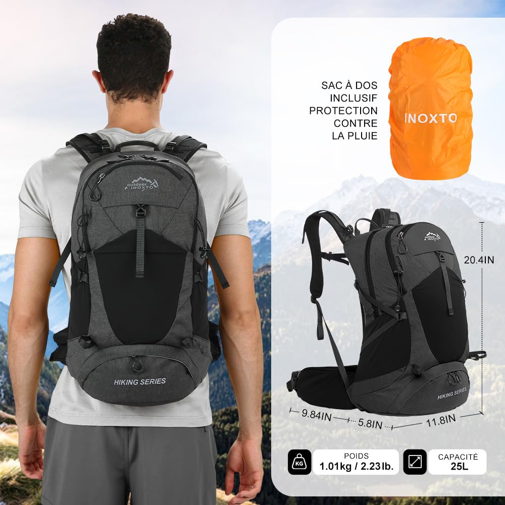 INOXTO Sac à dos de randonnée 25 L avec sac à eau 3 L, sac à dos de randonnée léger avec housse de pluie pour alpinisme, randonnée, camping, sports de plein air pour homme et femme (Noir gris)