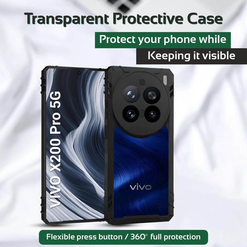 Image of AIBEX Crystal Clear Back Cover Case for Vivo X200 Pro 5G| 360 Degree Protection | Shock Proof Design | Transparent Back Case for Vivo X200 Pro 5G (PC & TPU, Black Bumper)