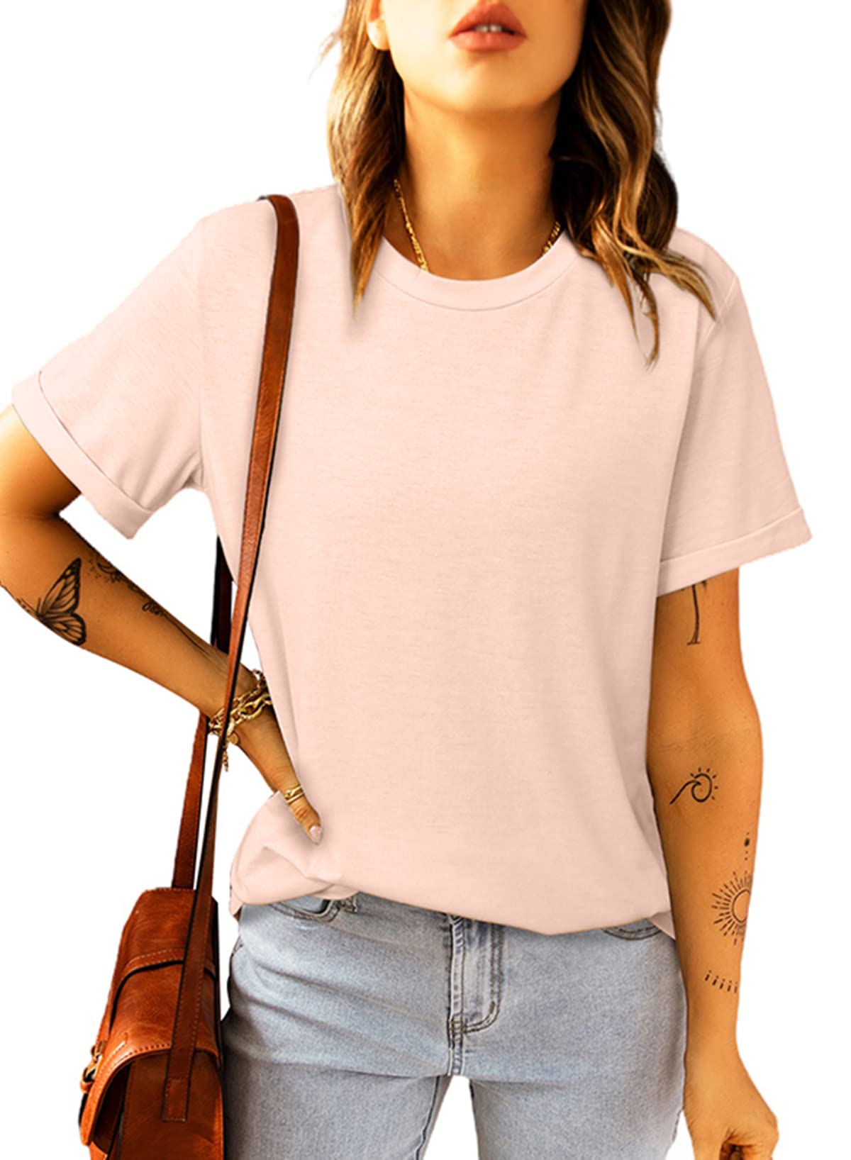 Suncife Damen-T-Shirt, Sommer, lässig, Rundhalsausschnitt, Basic-T-Shirt, kurzärmelig