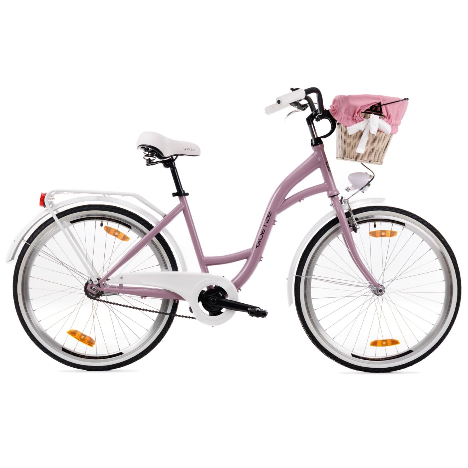 Goetze Style 26 Zoll Damen Citybike, 17 Zoll Tiefeinsteiger Rahmen, 1-Gang Rücktrittbremse, V-Bremse vorne, LED-Beleuchtung, Gepäckträger, Rattankorb, Komfortsattel, mit Ständer & Klingel
