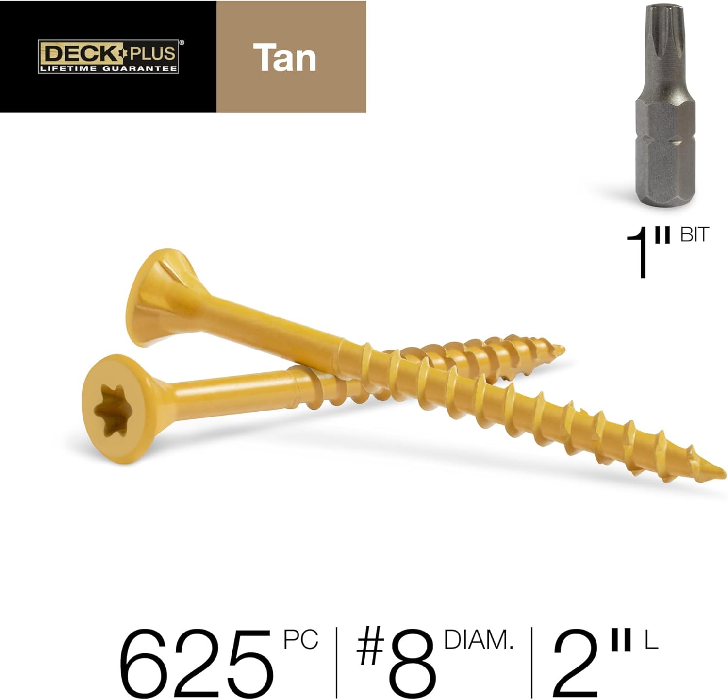 Deck Plus 2 Inch Epoxy Coated Exterior Wood and Fence Screws #8 x 2 Torx/Star Drive Included Coarse Thread, Outdoor Rust Resistant Decking Screw, Tan, 5 lb Box, 625 Pieces | 48414