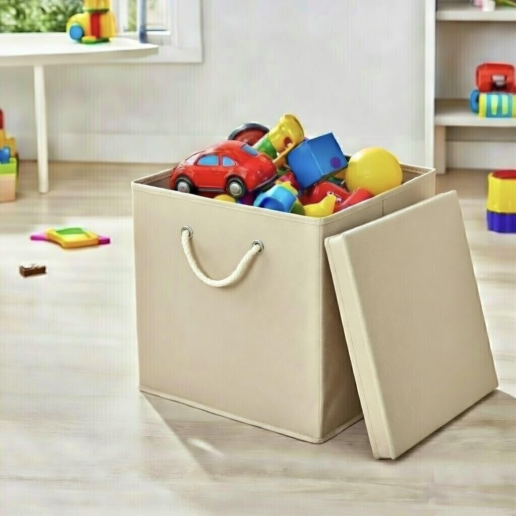 CM3 5 Stück Creme Faltbox 30 x 30 x 30 cm Aufbewahrungsbox faltbar mit Kordel und mit Deckel