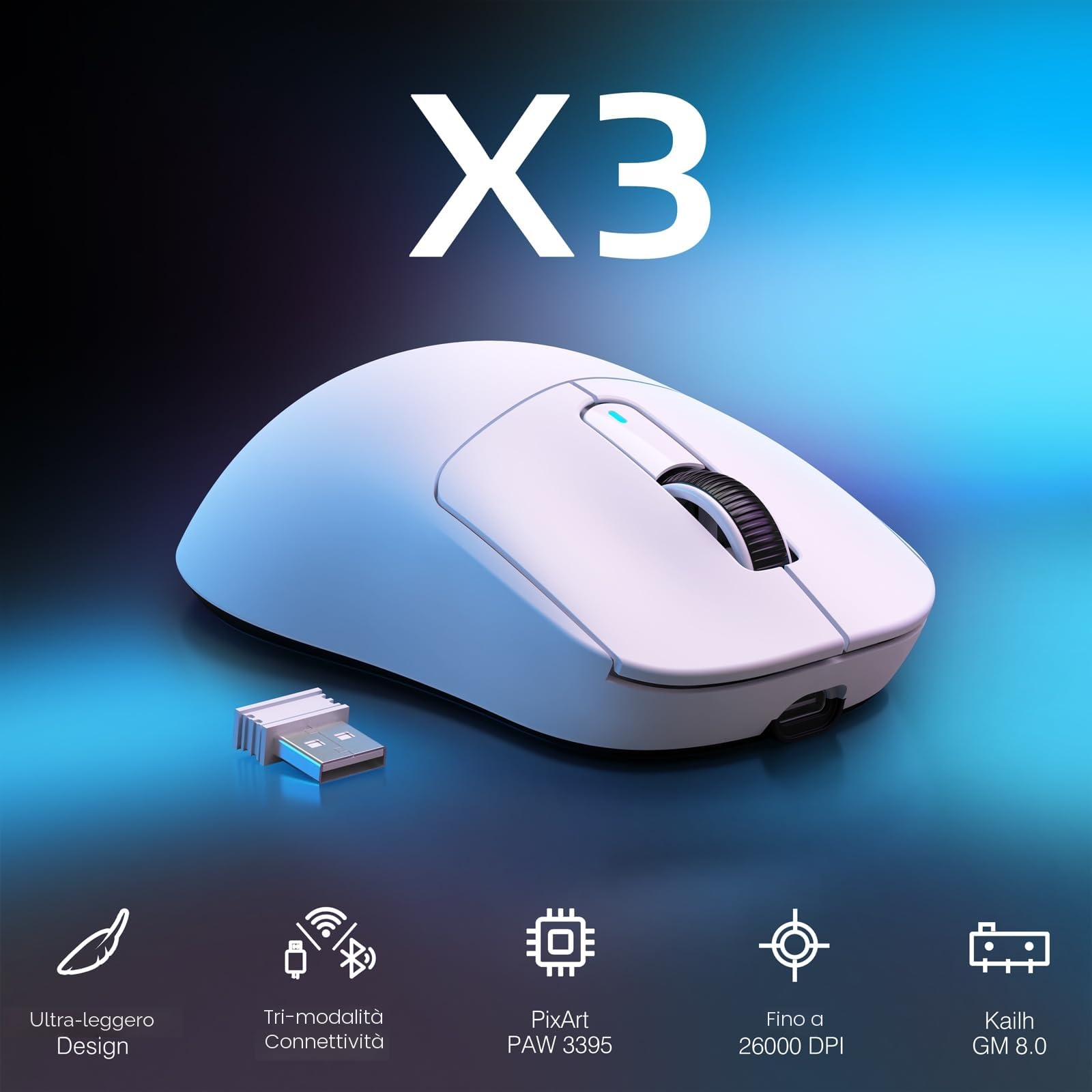 MANBASNAKE Mouse da gioco wireless, 49 g, ergonomico per computer, tripla modalità PAW3395, sensore ottico 26K DPI, durata della batteria 200 ore, pulsanti programmabili, accessori da gioco per