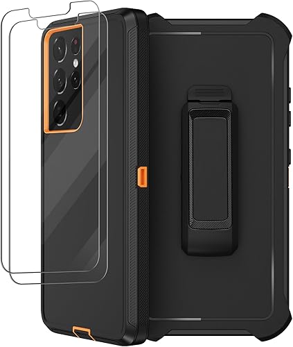 Funda para Samsung Galaxy S21 Ultra con funda de clip para cinturón, 2 protectores de pantalla, cuerpo completo resistente, a prueba de golpes, a