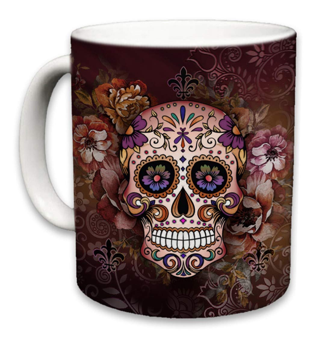 Sweet Gisele | Sugar Skull Mug | Ceramic Floral Print Coffee Cup | Day of the Dead Design | Beautiful Vivid Colors | Great Novelty Gift | Multicolor Mugs | 11 Fl. Oz (Multi/Brown)