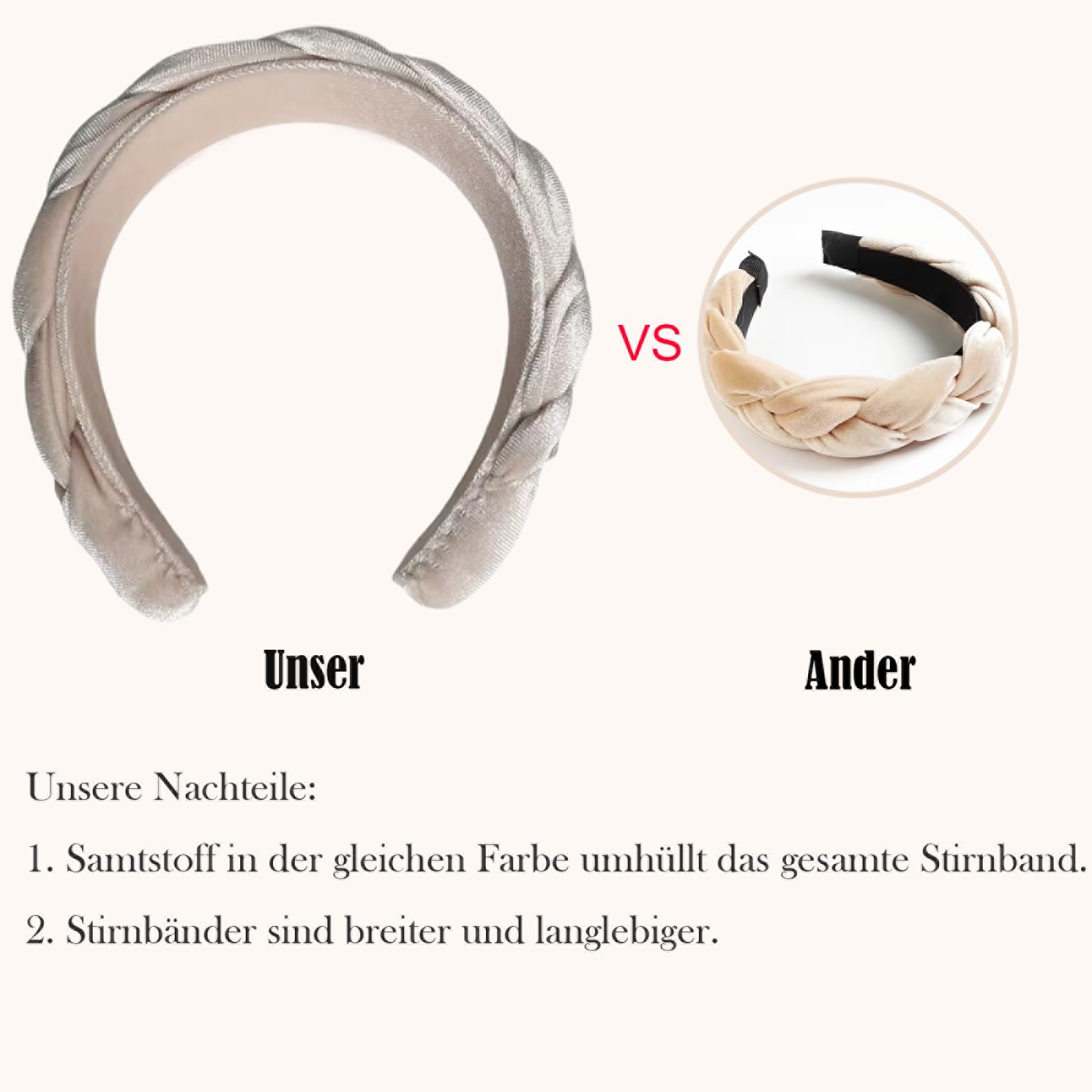 LEBENSWERT Velvet Braided Headband Women's Costume Headband Wide Vintage Hair Band Fashion Headbands for Women (Beige) - Image 4