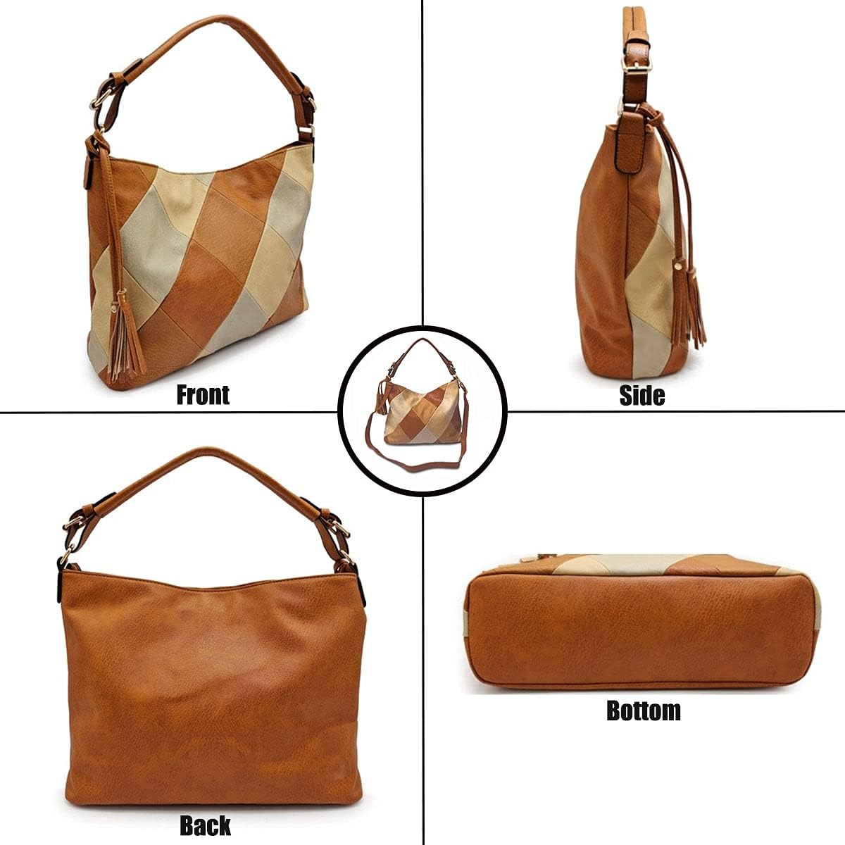 XingChen Hobo Bags for Women Patchwork Color Faux Leather Large Purses and Handbags Hobo Purse with Tassel