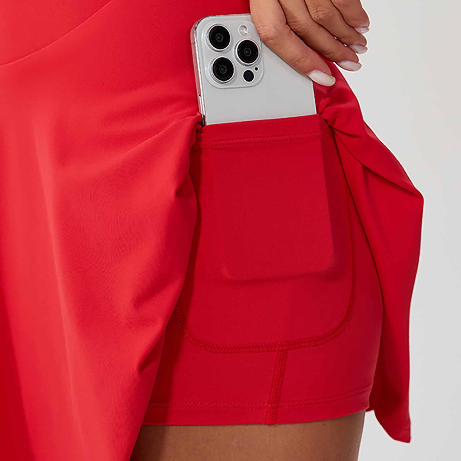 Robe de Tennis décontractée pour Femme avec Soutien-Gorge intégré Bretelles réglables Dos légère Respirante Poches Shorty -Transparent idéale Sport Yoga Quotidien été Confortable (Red, S)