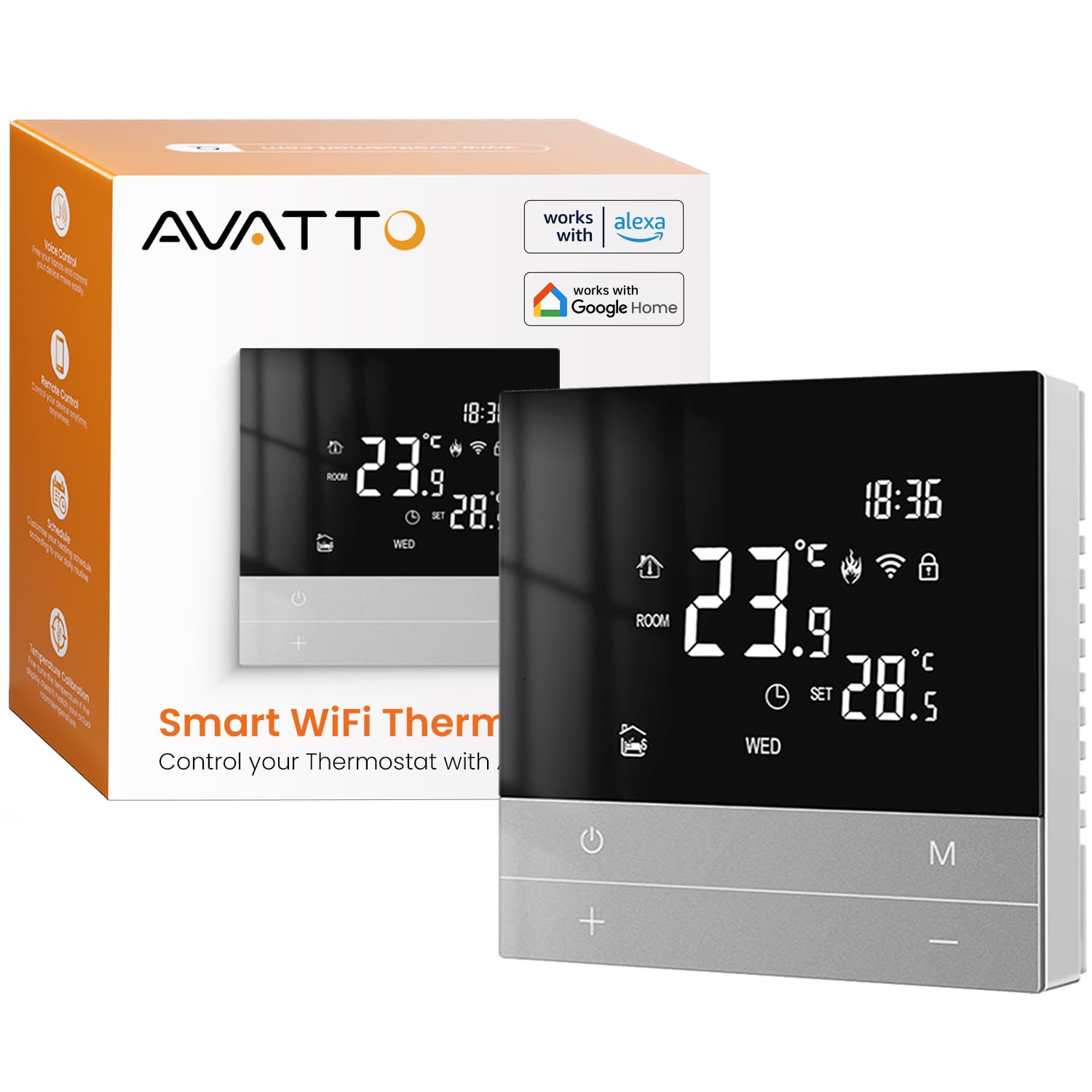 AVATTO Smart WiFi Thermostat Programmierbares Raumthermostat mit Alexa & Google-Sprachsteuerung und App-Steuerung für Wasser Fußbodenheizung, Silber