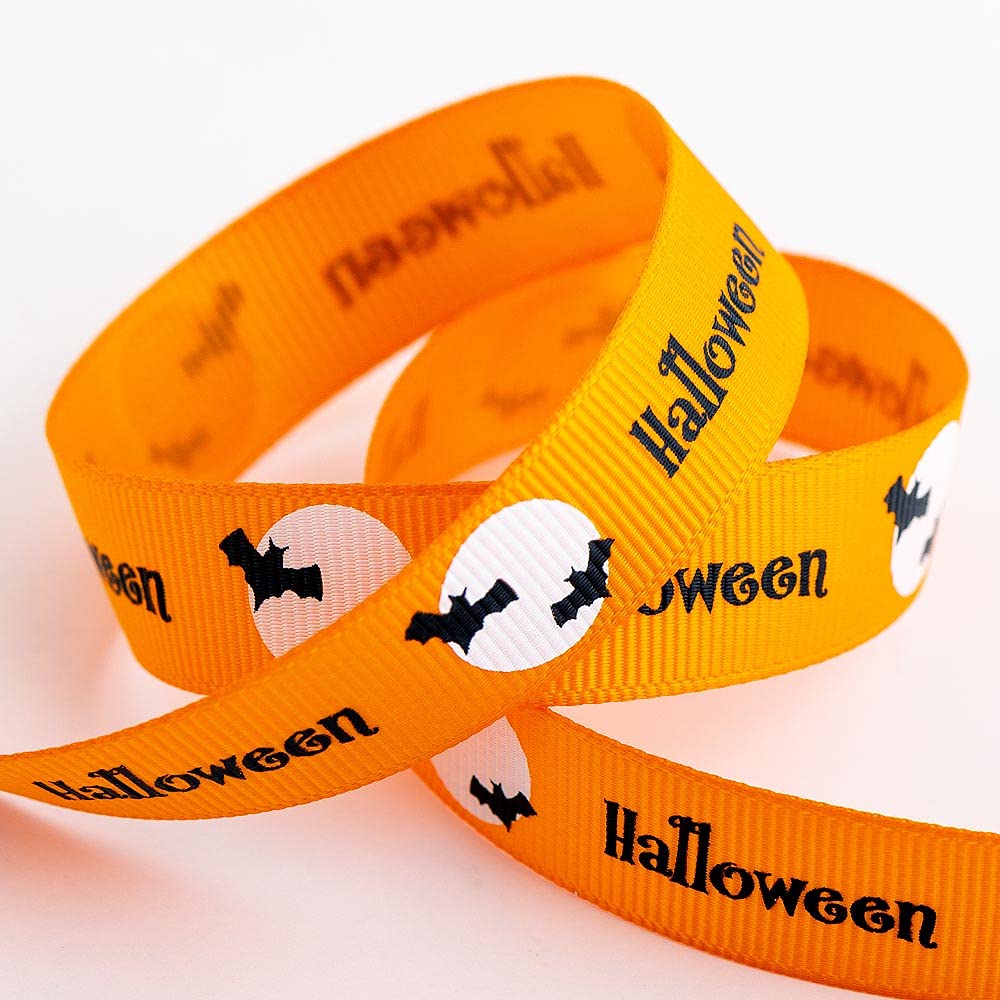 Italian Options Halloween Ribbon Moonlit Bats, 16mm x 5 Metres, Orange Grosgrain
