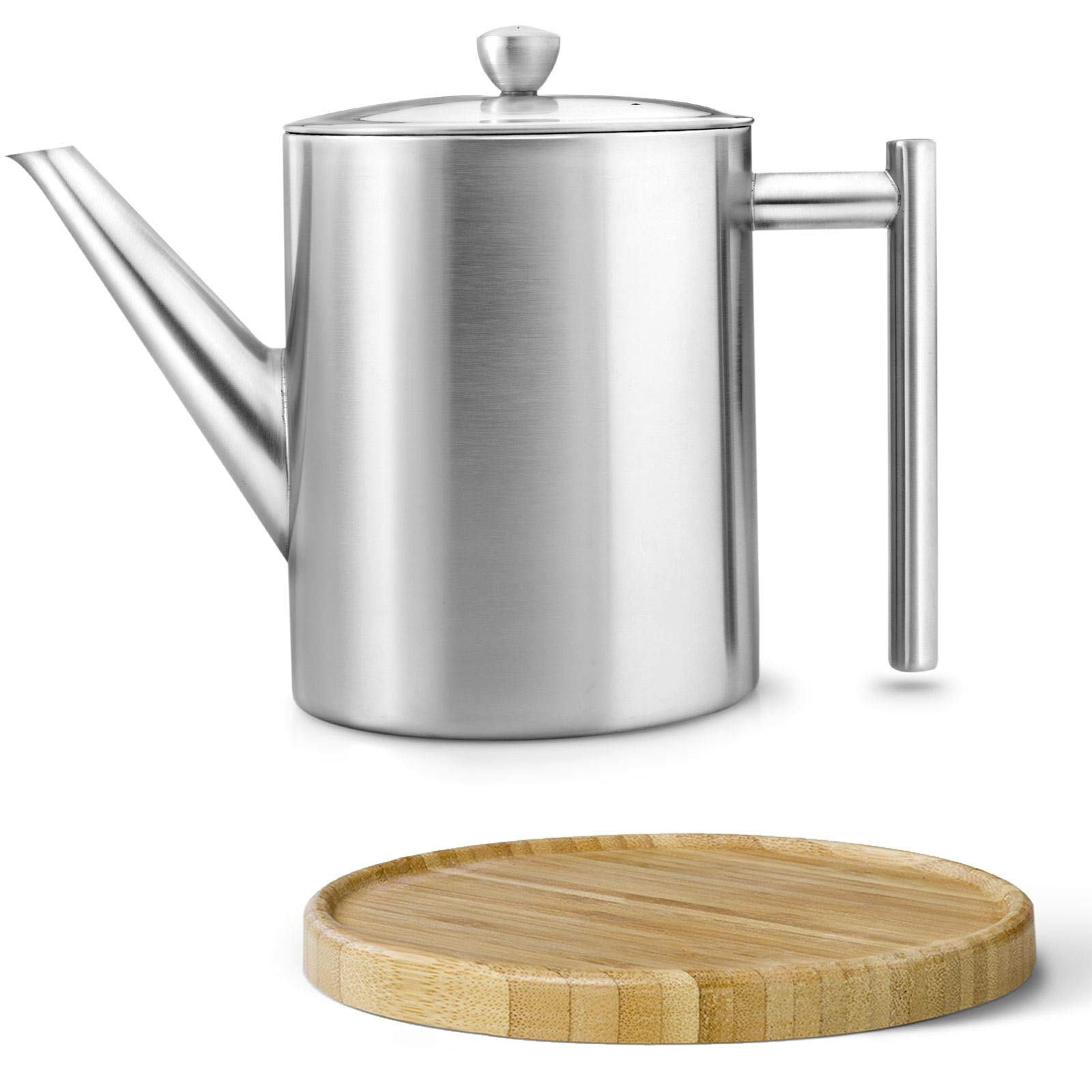 Bredemeijer hohe matte doppelwandige Edelstahl Teekanne 1.2 Liter & klassischer Teebereiter mit Tee-Filter Sieb-Einsatz für losen Tee & runder brauner Holzuntersetzer