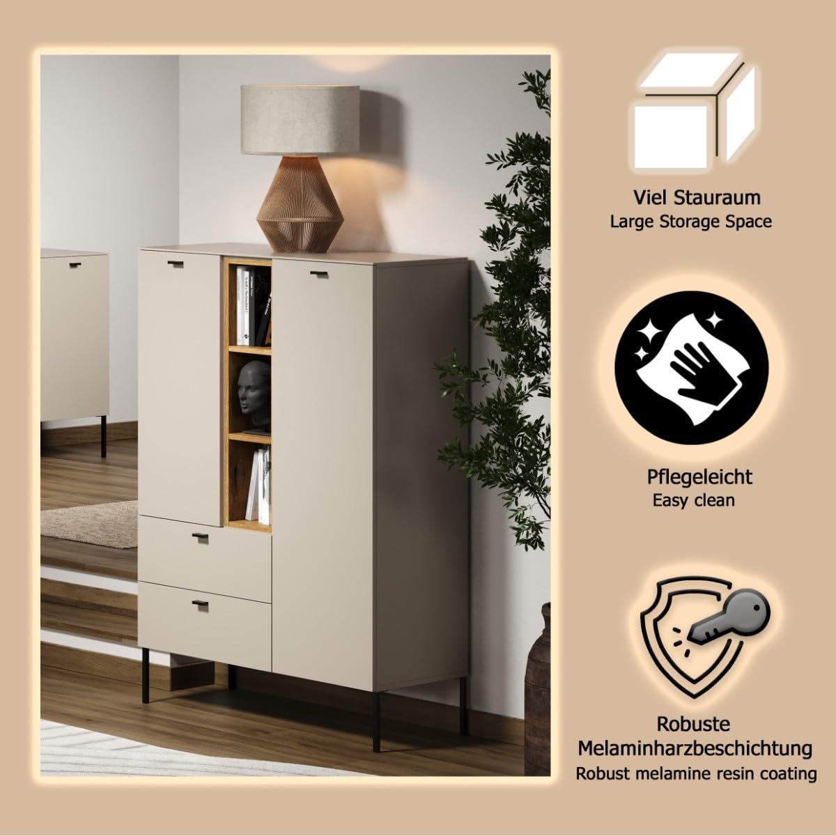 trendteam smart living Sao Paulo Highboard Kashmir (Beige)/Evoke Eiche Sideboard mit Soft-Close Funktion 93 x 140 x 42 cm Metallgriffe und -Füße Wohnzimmerschrank
