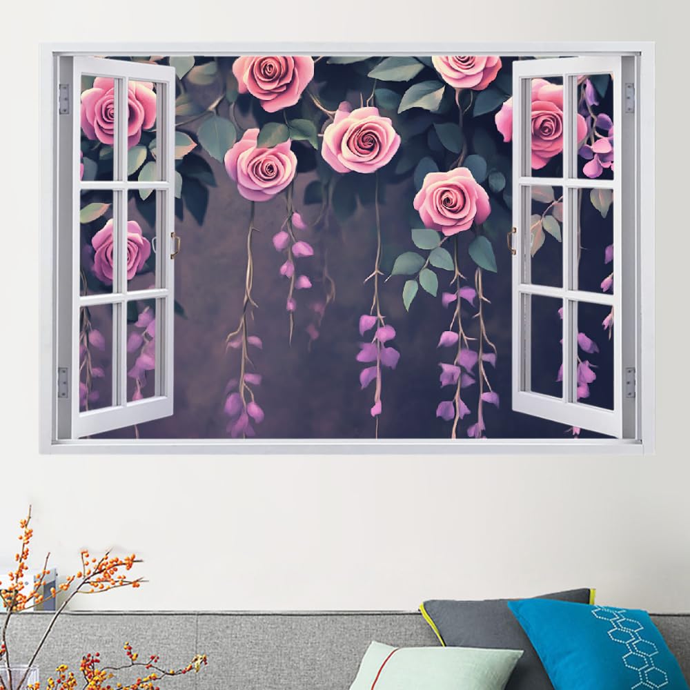 Wandbilder Wandtattoo 3D Rosenblüte Wanddurchbruch Wandaufkleber Natürliche Blumen Fensterdeko Bilder Wanddeko Mädchen Aufkleber Selbstklebend Fenstersticker Wandsticker Kinderzimmer Deko