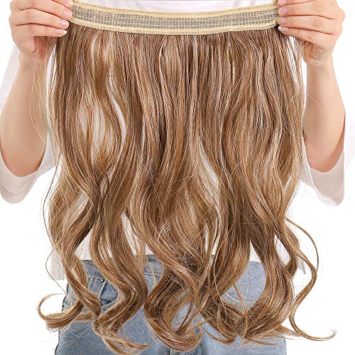 Secret Hair Extensions Halo Hairpieces Woman Invisible Wire Synthetic Curly Wavy Secret Hair Extension Pieces 20inch ( Bleach Blonde Mixed Auburn Brown ) - Thumbnail 2