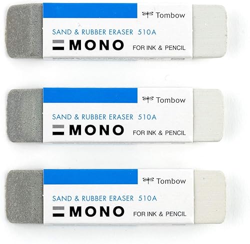 Tombow 72473 Borrador de arena y goma MONO, paquete de 3. Borra fácilmente las marcas de lápiz y tinta sin dañar el papel