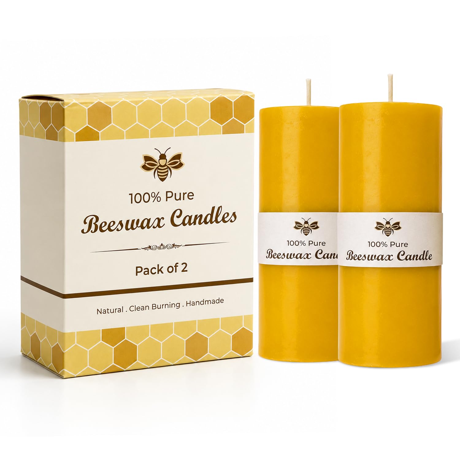 Pure Beeswax Candles Set of 2 – Gift Ready 40 Hour Burning Natural Honey Wax Candles – 100% Pure Beeswax -Smokeless Cotton Wick Pillar Candles