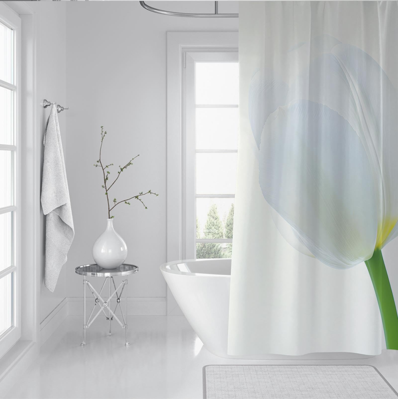 Cortinas de Ducha de Playa de capullos de tulipán Blanco para baño Cortina de Ducha Impermeable Floral Moderna con Ganchos Tela Lavable a máquina para Hotel 180Bx275Lcm