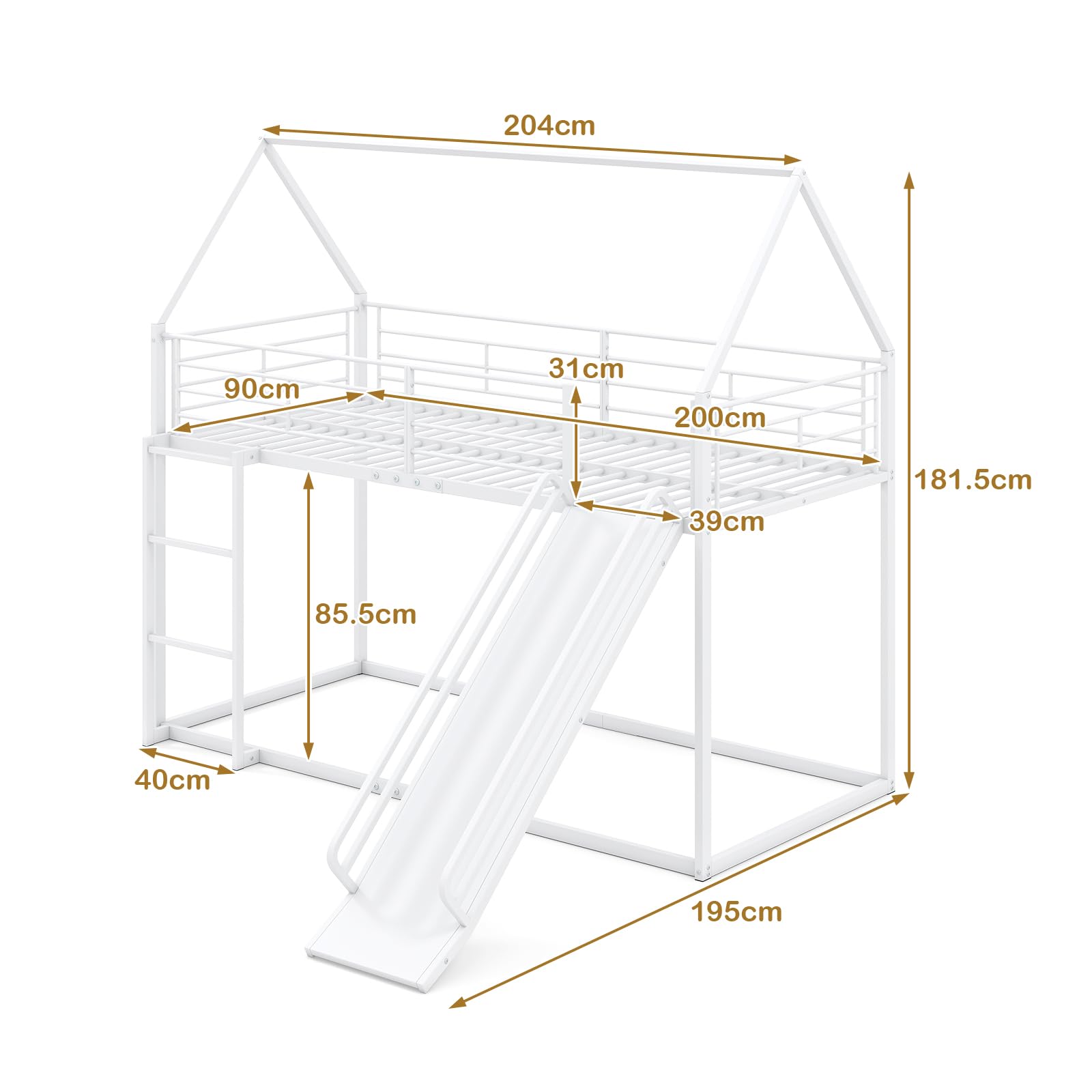 GIANTEX Letto a Castello per Bambini 90 x 200 cm, Letto a soppalco con Scivolo e Scala a 3 gradini, Struttura in Metallo con Barriera di Sicurezza e Conservazione, Senza Materassi (Bianco)
