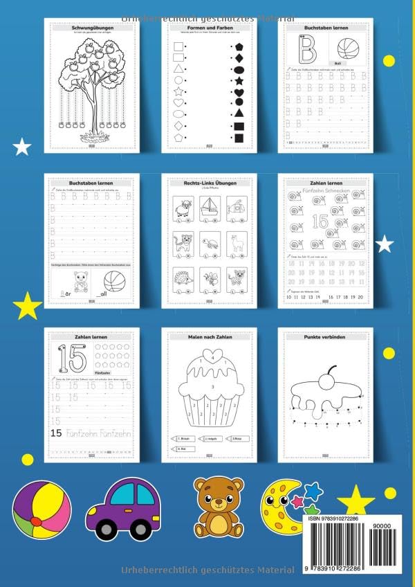 XXL Vorschulheft ab 5 Jahren für Jungen und Mädchen: 8 in 1 Übungsbuch zum einfachen Zahlen und Buchstaben lernen | Ideal für Kindergarten, Vorschule und Schulanfänger