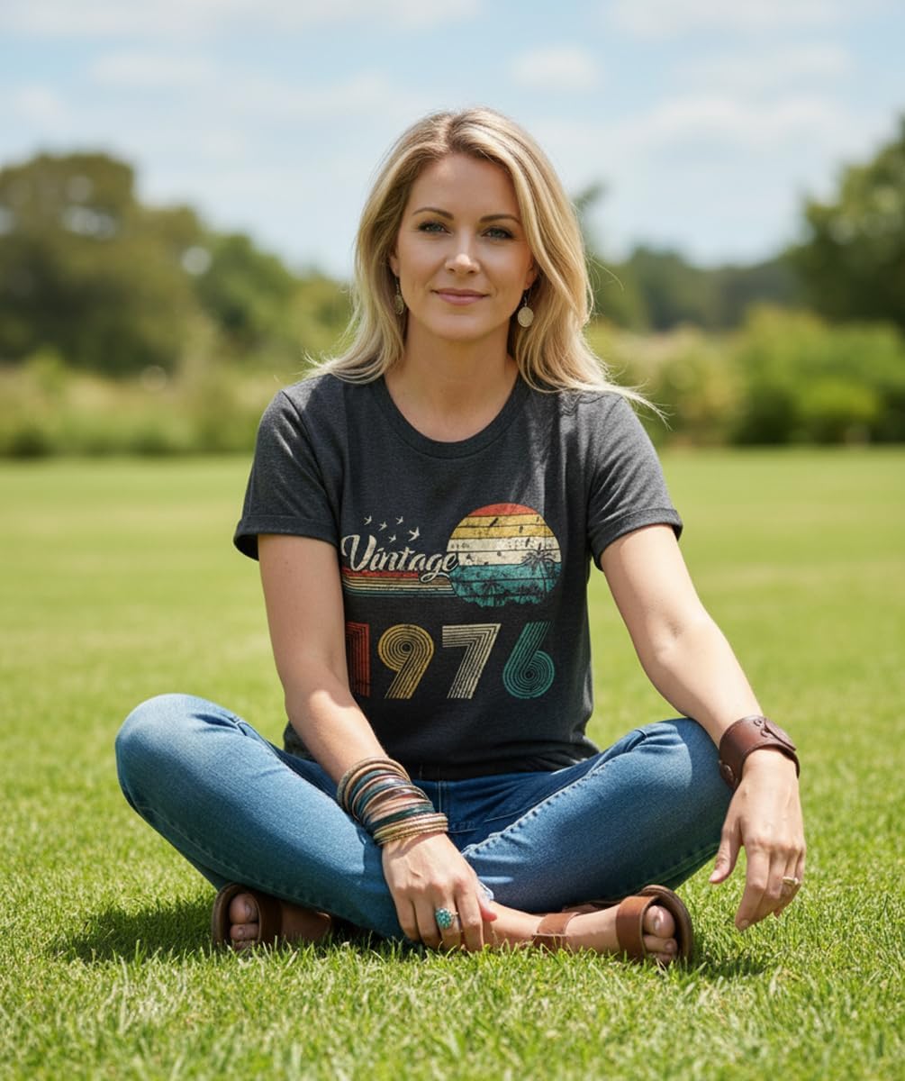 50th Birthday Gift for Women Vintage 1976 Shirts for Her Letter Print Retro BD Tops Casual Short Sleeve Tee - Image 7