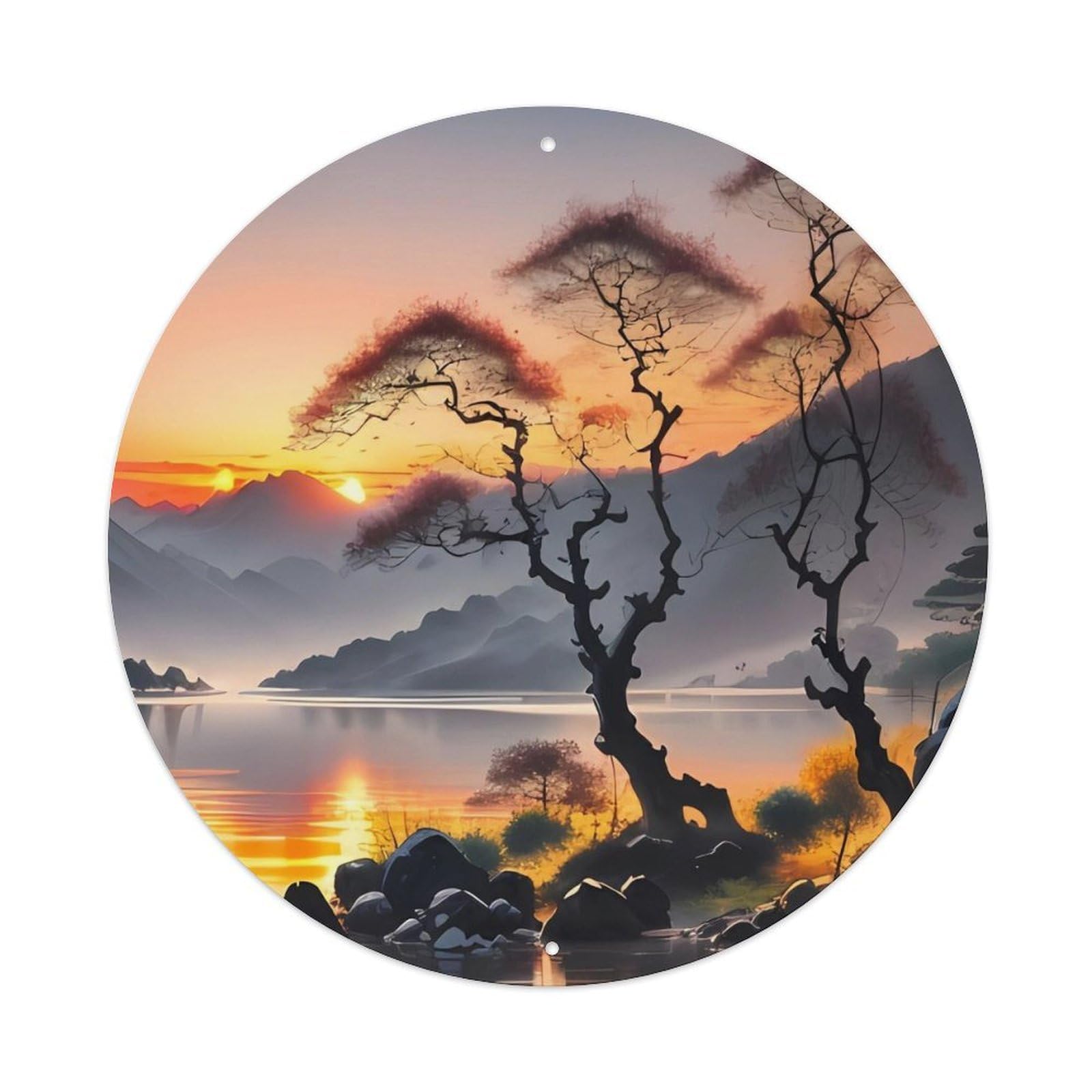 Landscape Big Tree on The River Vintage Metal Tin Sign Plaque Wall Decor for Cafe, Club, Garden Round Metal Poster 8x8Inch