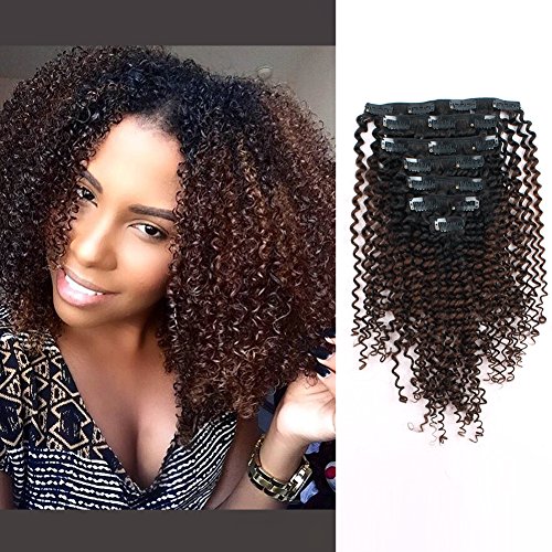 AmazingBeauty 8A Grade 3C 4A Kinkys Curly Ombre Hair Extensions Double Weft Real Remy Human Hair for African American, Natural Black Fading into Chocolate Brown Two Tone Color TN/4, 20 Inch