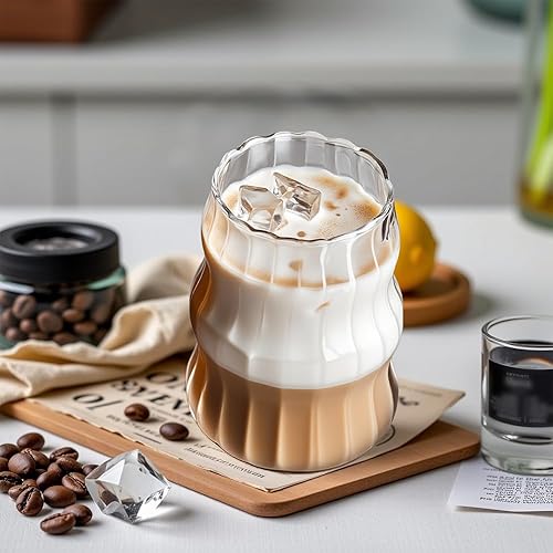 Miniatura 7 de 2 tazas de vidrio acanaladas  18 onzas de vidrio con diseño de ondas vintage para café helado, jugo, cócteles y té de burbujas