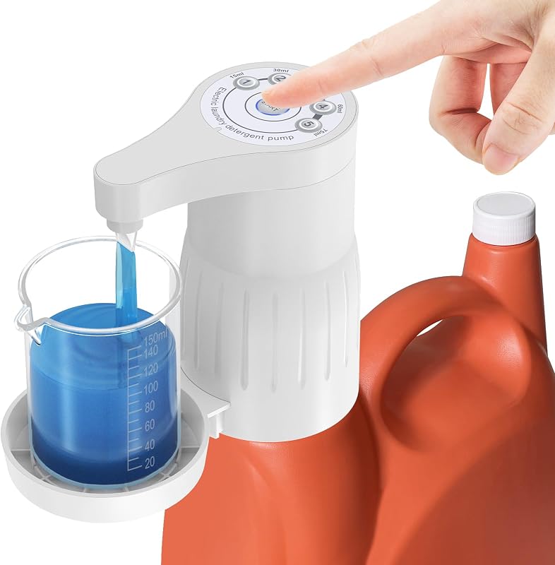 【¡IMPORTANTE! Mida primero: Bomba eléctrica de detergente para ropa – Dispensador de detergente reutilizable con taza graduada para detergente líquido, recargable por USB, ideal para la organización de la lavandería (blanco)