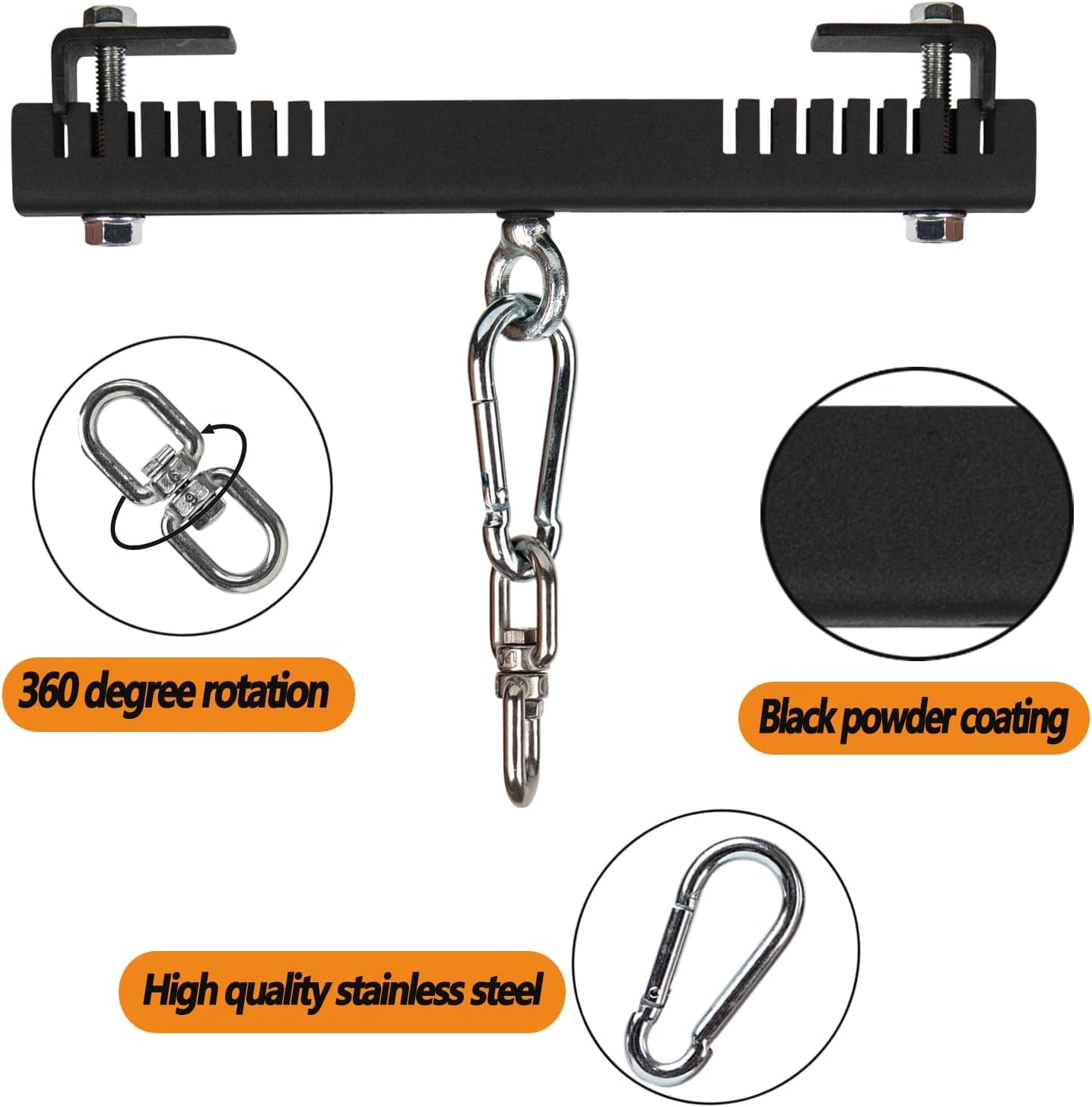 Support Sac De Frappe Poutre I/H 360° – Collier Acier 500 Kg Avec Mousqueton Rotatif