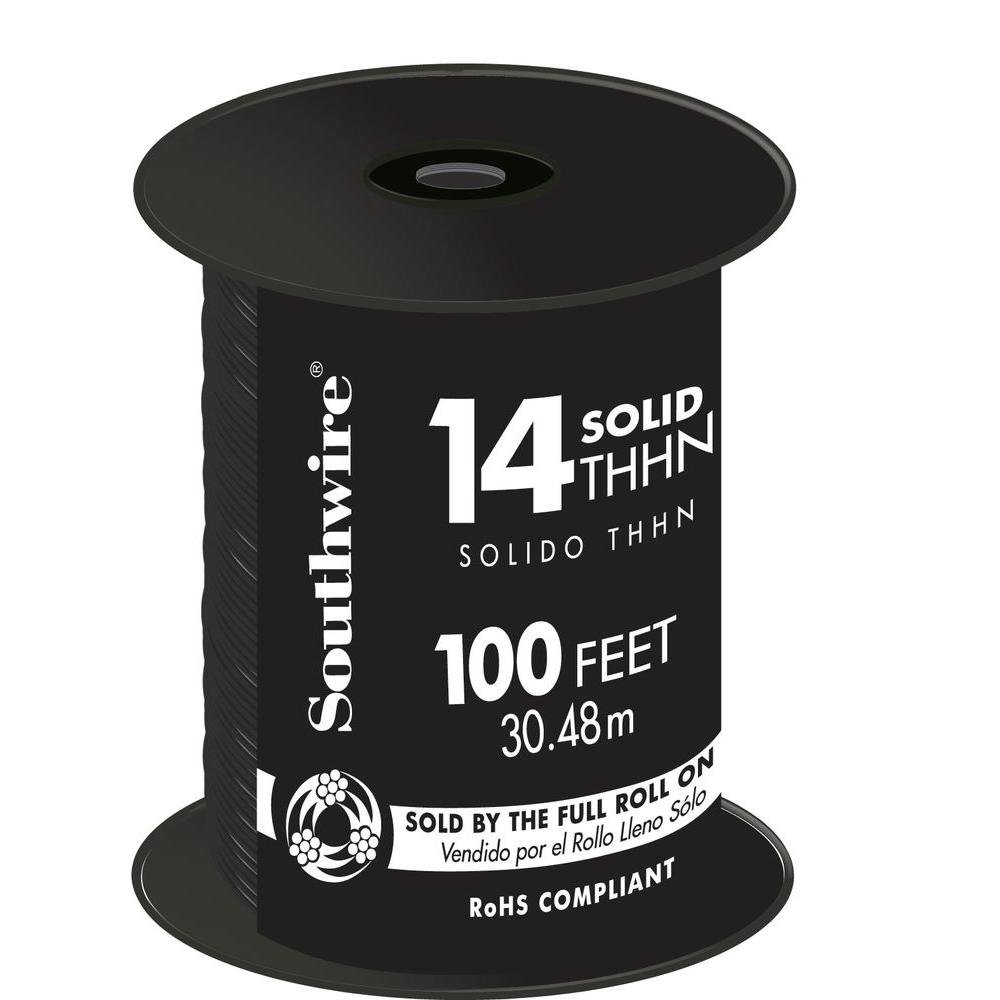 Southwire 11579042 Simpull Thhn or Thwn-2 Solid Wire, 14 Gauge, 100' per Roll, Black
