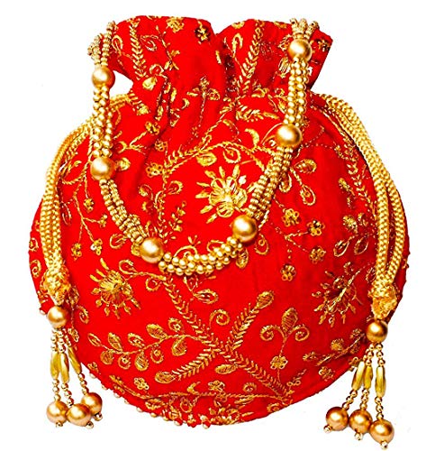 Cloudreteil Avanti Creation Women's Silk Embroidered Potli Bag with Metal Beadwork and Pearl Drawstrings Red