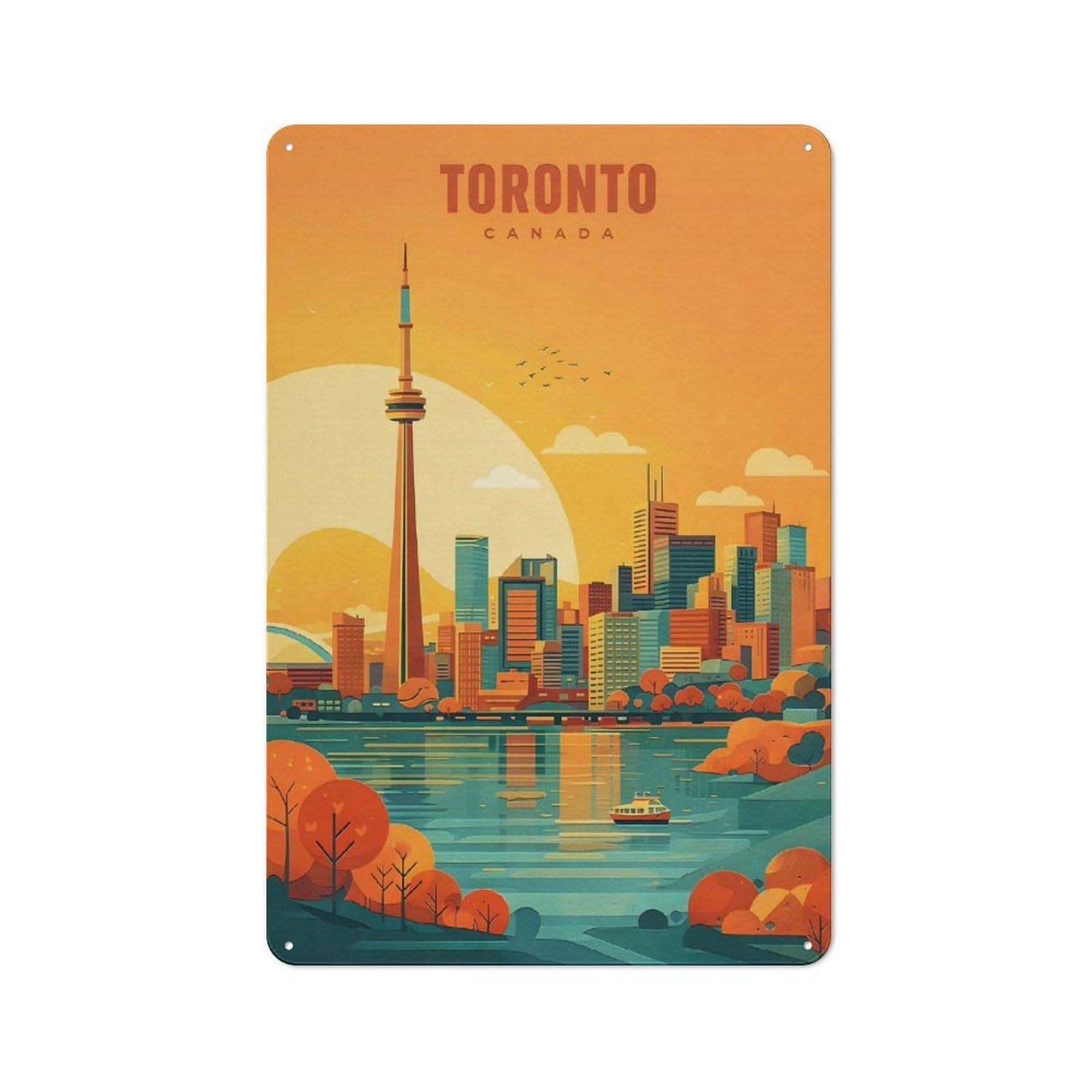 Junmoney Style-4 Vintage Toronto Skyline At Sunset Metal Wall Art Sign 30X20cm, Old Style Wall Plaque For Bedroom, Office, Home Bar Or Dining Room