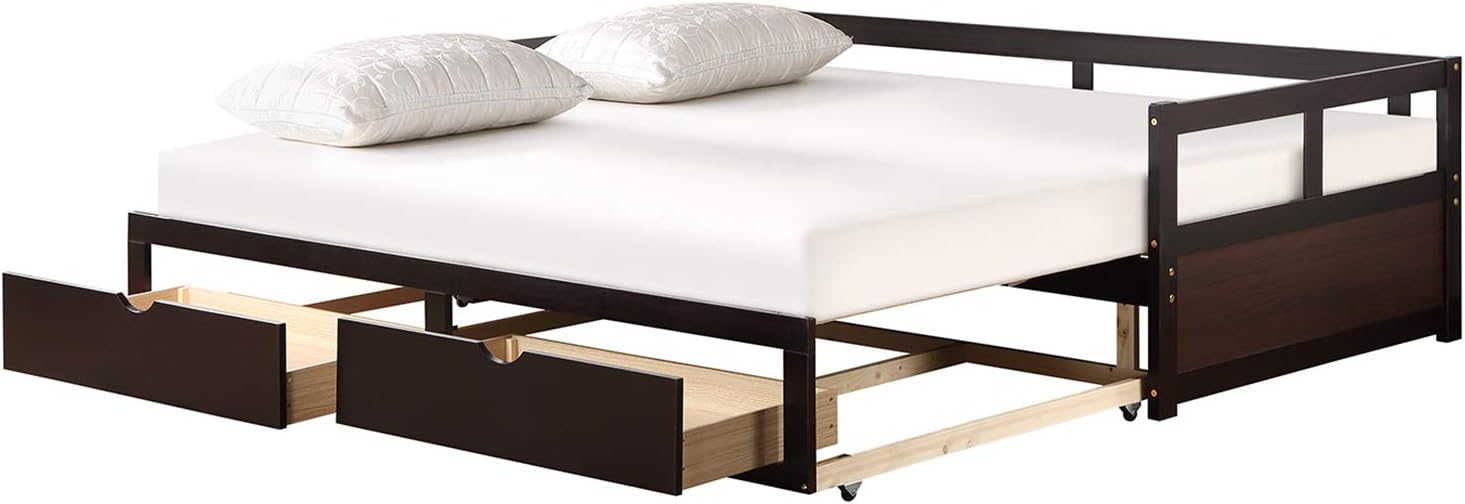 Bellemave Twin Size Daybed with Storage Headboard & Drawers, Wooden Day Bed Frame with Storege Shelves, Twin Platform Bed Frame for Kids Teens, Espresso