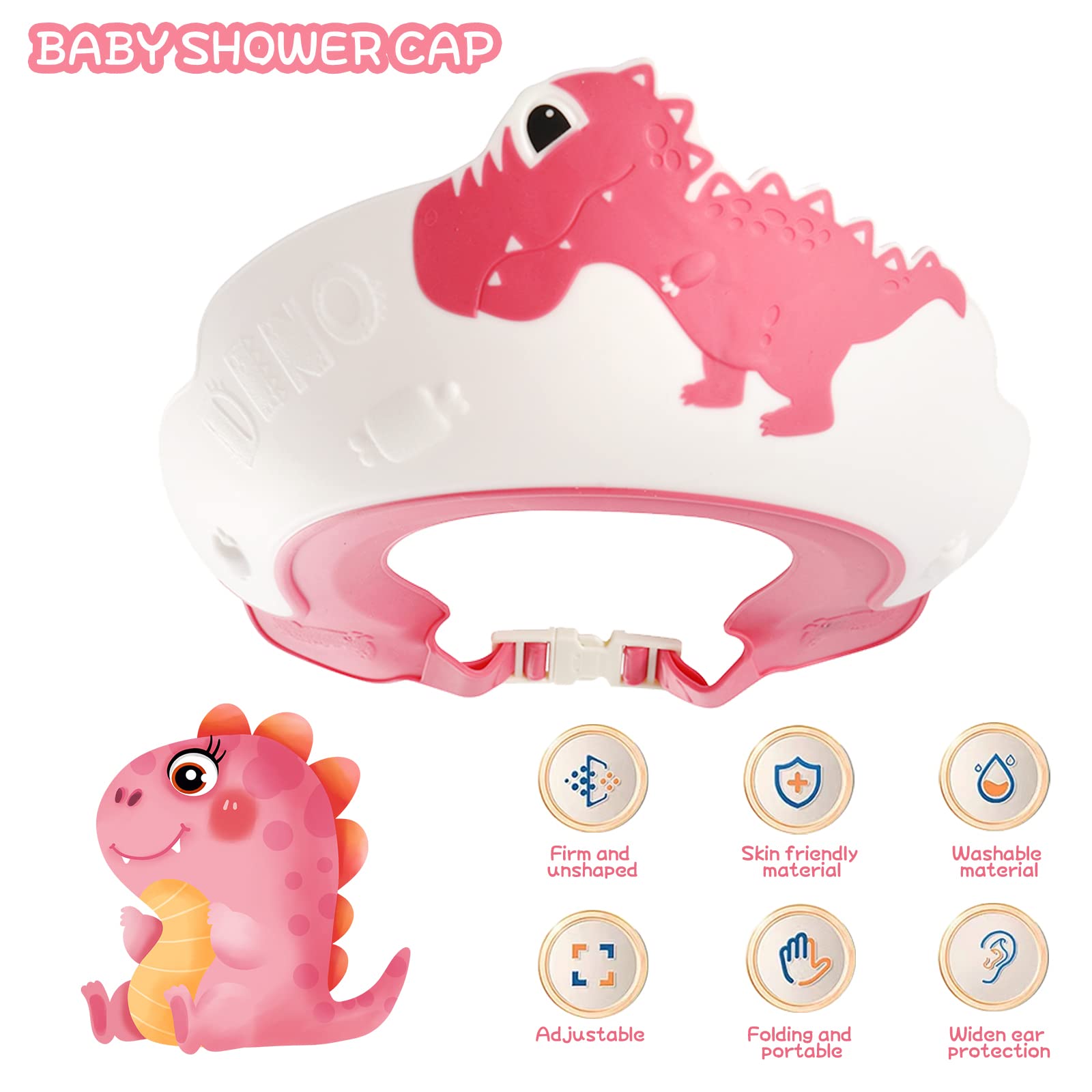 Osłona na baby shower, czapki kąpielowe dla dzieci, osłona do mycia włosów dziecka, regulowana czapka i daszek dla dzieci, oczy i uszy, wodoodporny kapelusz, dinozaur (różowy)