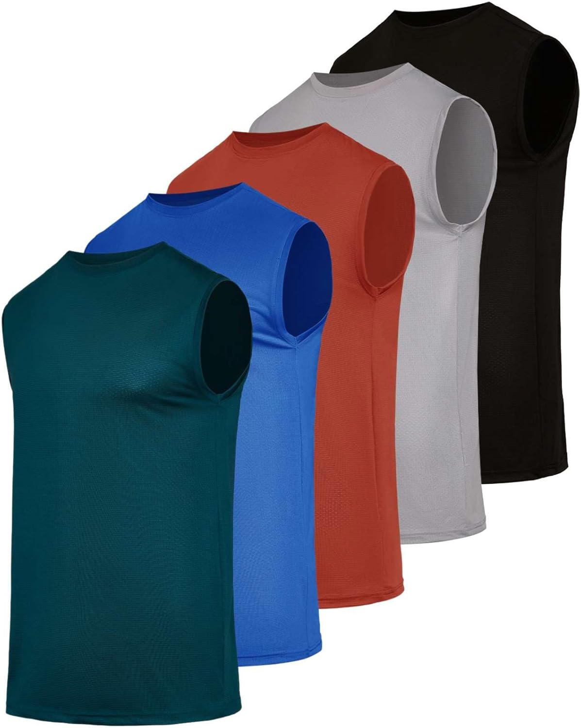 Real Essentials 5 Pack: Men's Breeze Tech Tank Tops Sleeveless Shirts Workout Muscle Athletic Running (Big & Tall Available)