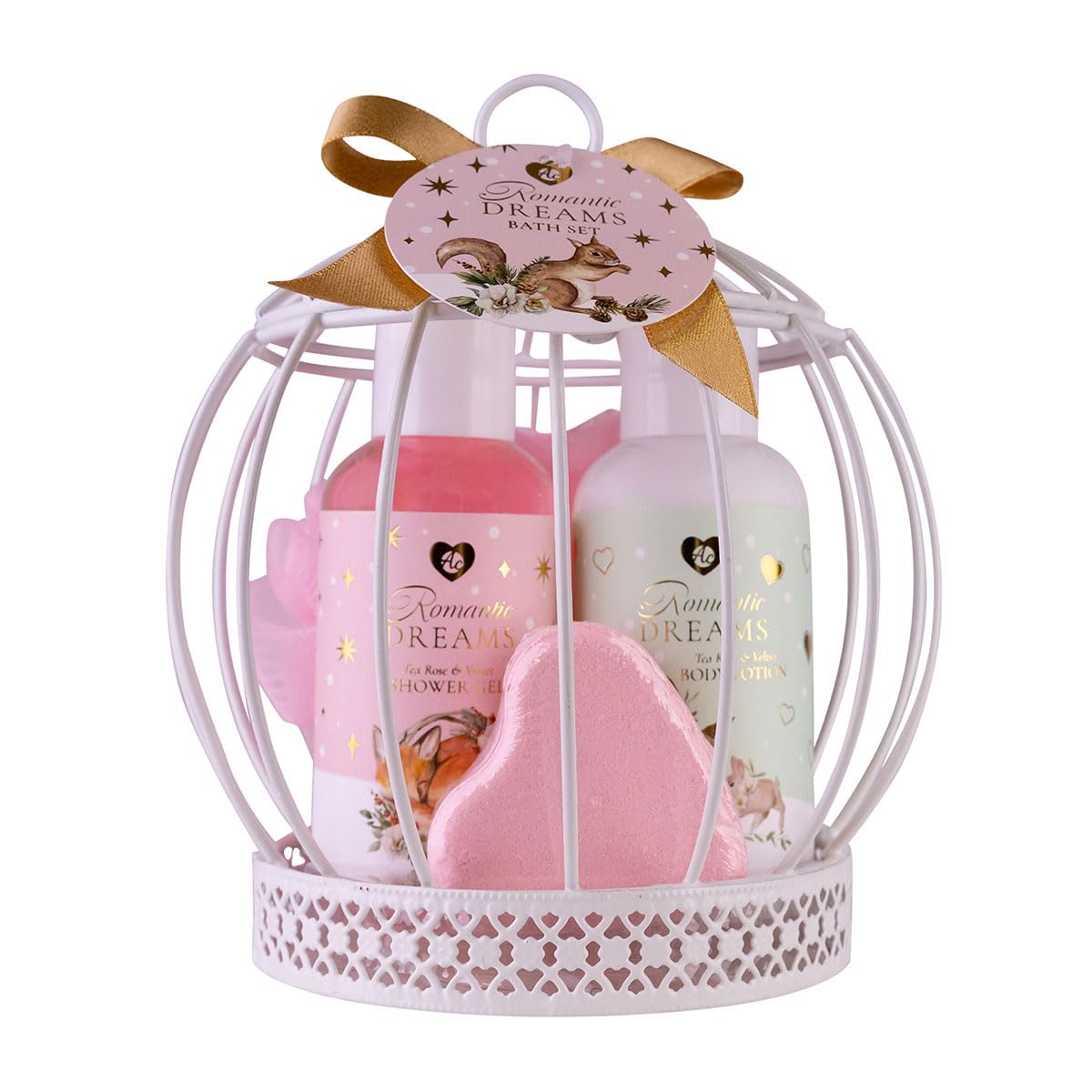 Accentra Set bagno ROMANTIC DREAMS in gabbietta con 125 ml docciaschiuma, 125 ml lozione corpo, 35 g bomba da bagno, 15 g spugna rete, regalo donna Natale, profumo rosa tè & velluto, rosa/oro