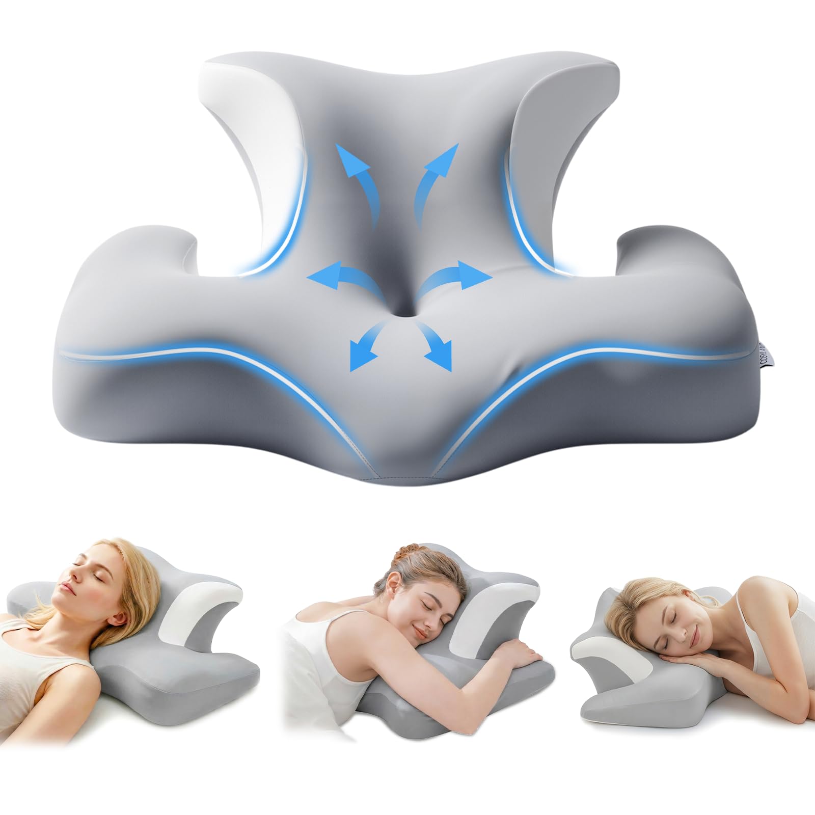 COSYLAND Nackenstützkissen aus Memory-Schaum – orthopädisches ergonomisches Schmetterlingskissen mit Ohrloch & Armauflage, Kopfkissen für Seitenschläfer, waschbarer Bezug, Grau