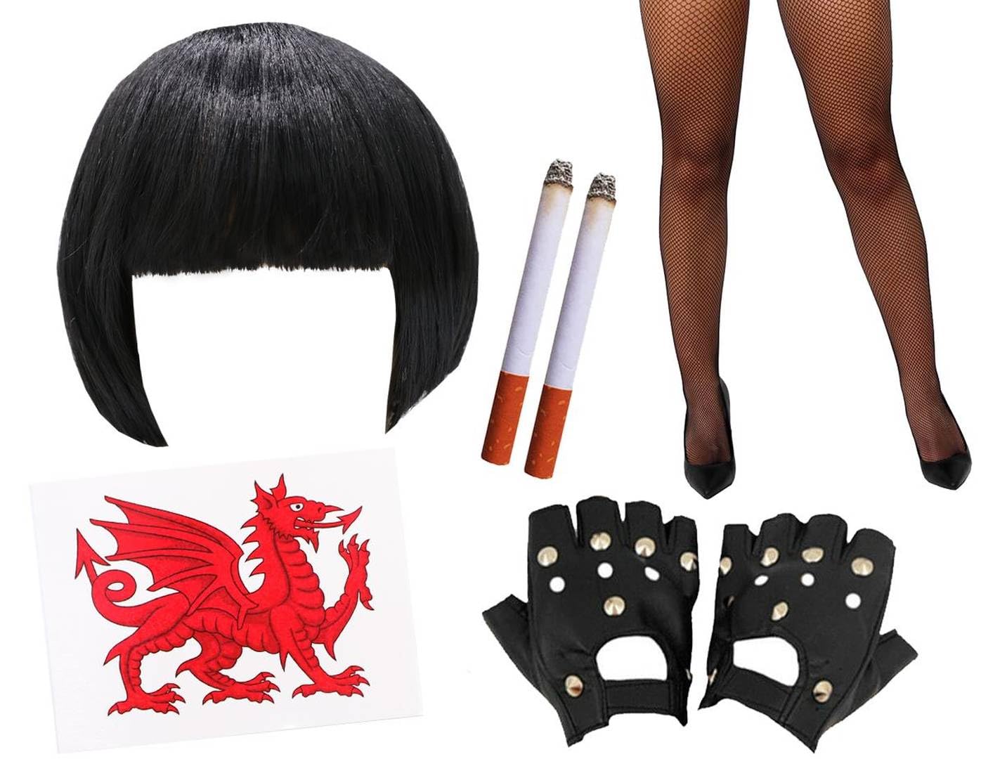 Welsh TV Character Costume - Black Bob Wig, Welsh Dragon Tattoo, Black Studded Gloves, Fishnet Tights and 2 Fake Cigarettes - Adults TV Character Fancy Dress Costume