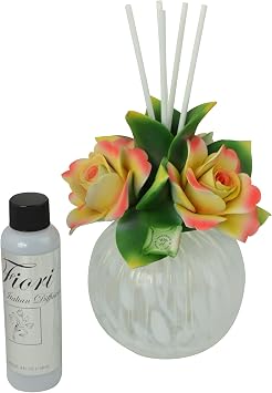 Ceramic Oil Diffuser and Oil Set with Porcelain Capodimonte Roses on Top Includes a 4oz Bottle of Aromamatic Home Fragrance Oil in Orange and Pink and Driftwood & Sage Scent