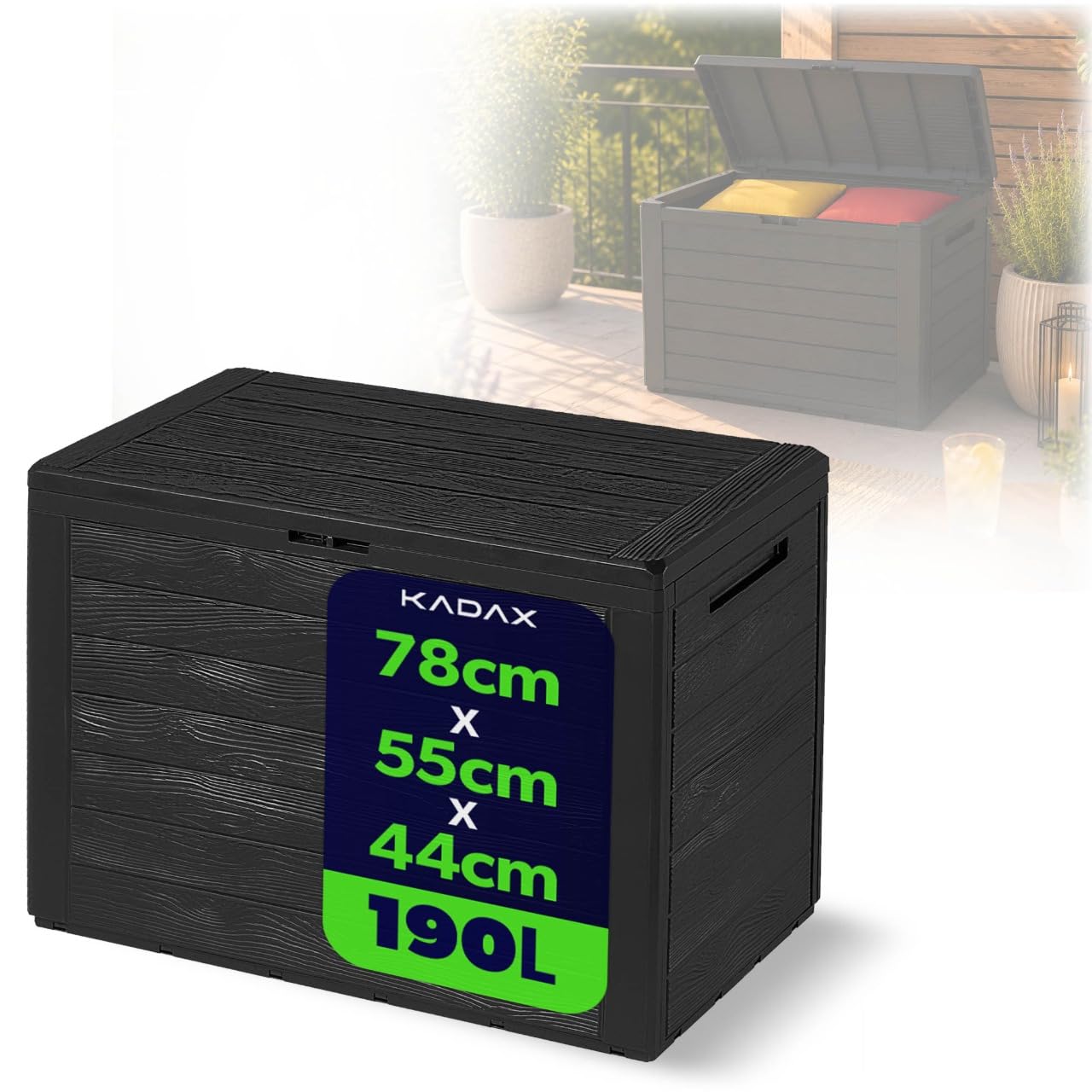 KADAX Baúl de jardín de 190 litros, caja de almacenamiento de plástico, para cojines, juguetes infantiles y cojines de asiento, para jardín y terraza (antracita)