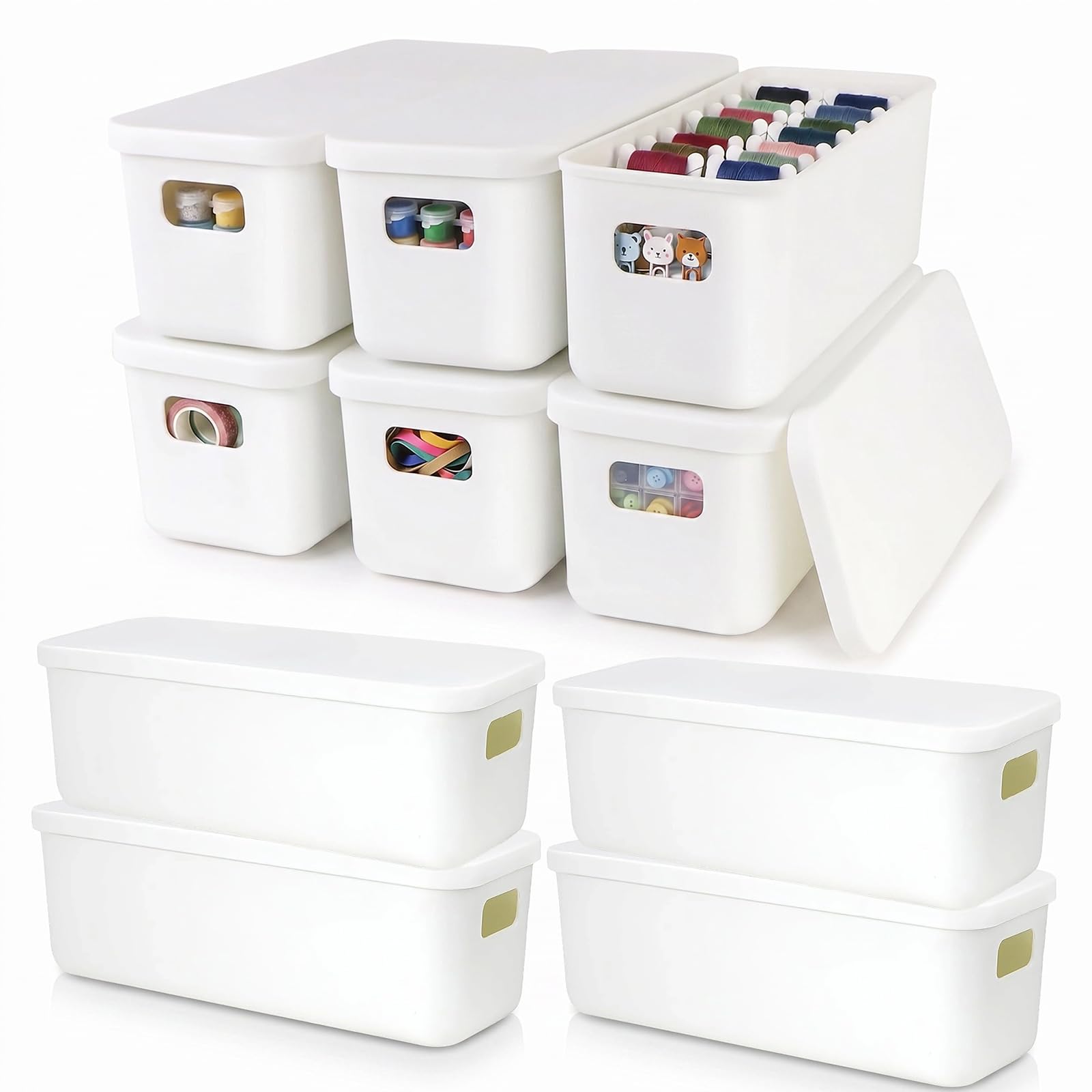 ECVUKQ 10 Pack Slim Storage Boxes with Lids, Narrow Plastic Storage Baskets Stackable Kitchen Cupboard Organiser Bins for Bathroom Drawer Cabinet Desktop Home Office Organisation