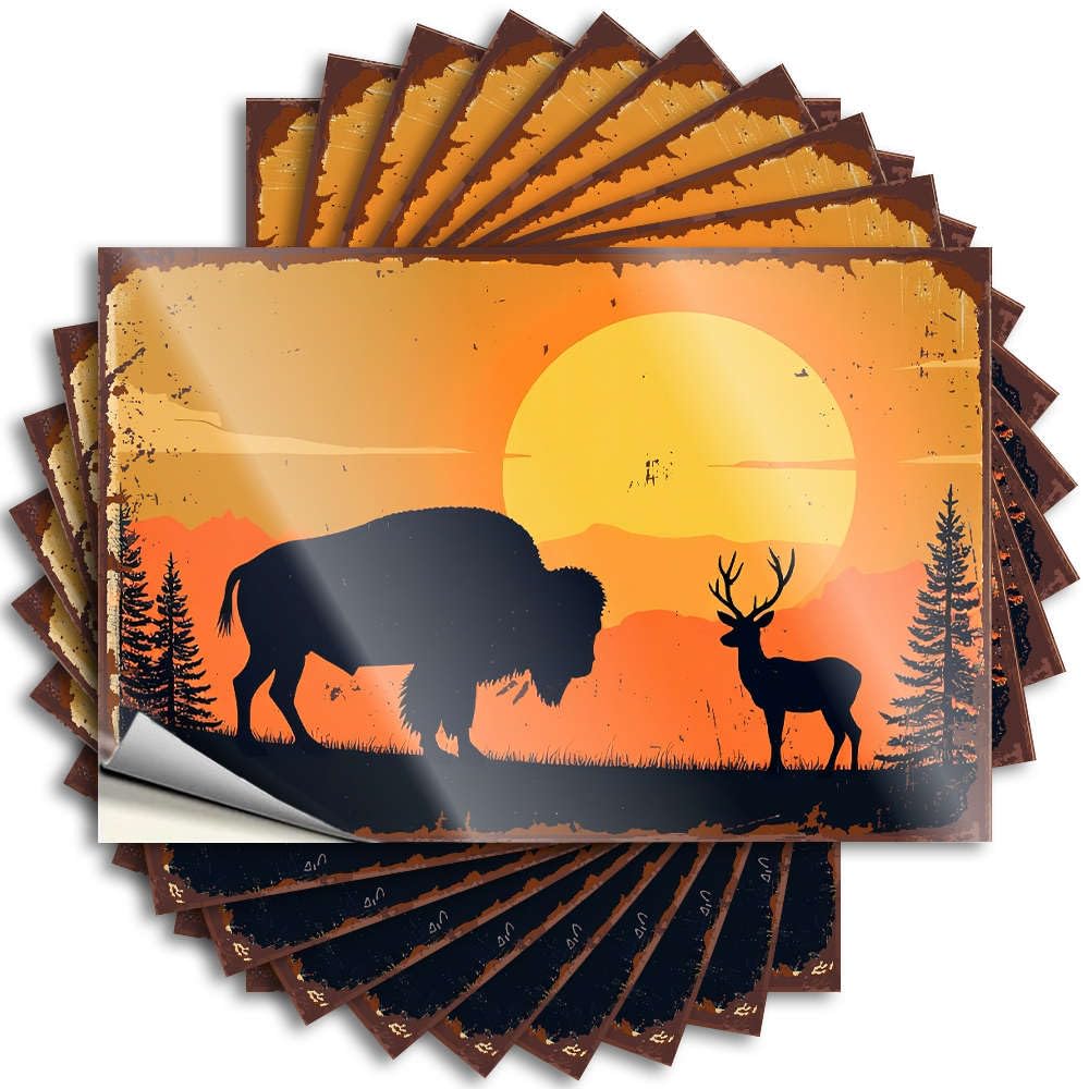 Funny Sticker Life Easy Apply | Sunset with Bison and Deer Silhouettes. Funny Door Peel and Stick(8X12CM)