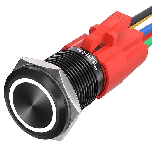 APIELE 16mm Momentary Black Push Button Switch On Off with 12V LED Angel Ring Head for 16mm 0.63" Mounting Hole with Wire Socket Plug Self-Reset (White/Black Shell)