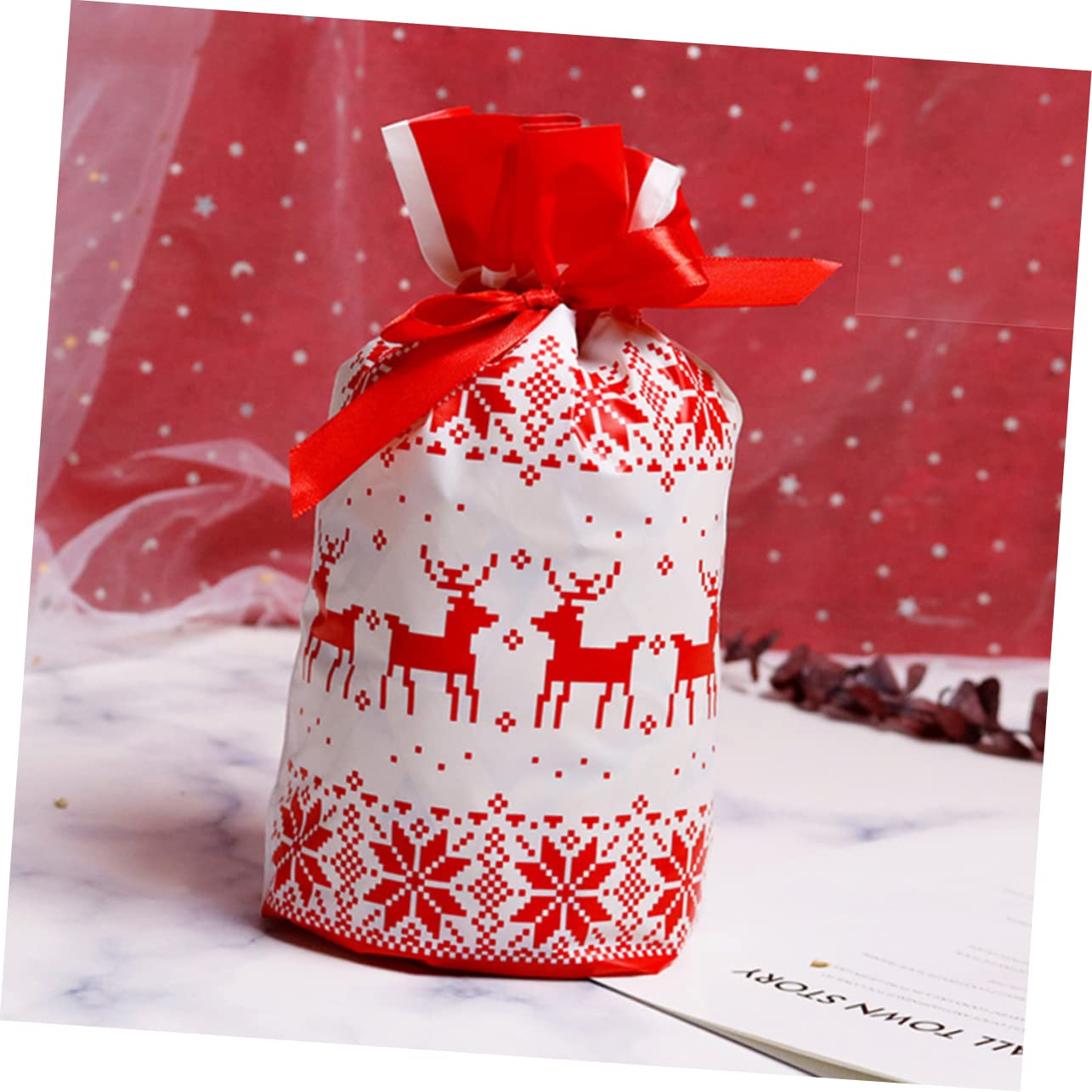 KOMBIUDA 100pezzi Sacchetti di Natale con Corda per Caramelle e Dolciumi per Feste e Regali varietà di Colori e Design Tema Natalizio