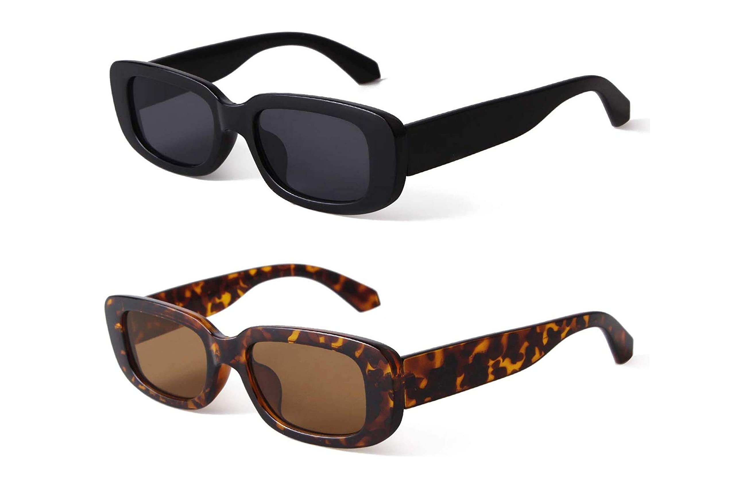 Fancy-CreationRetro Rectangular Vintage Fashion Narrow Square Sunglasses With UV 400 Protection For Women (2 Pair - Black & Leopard Print)